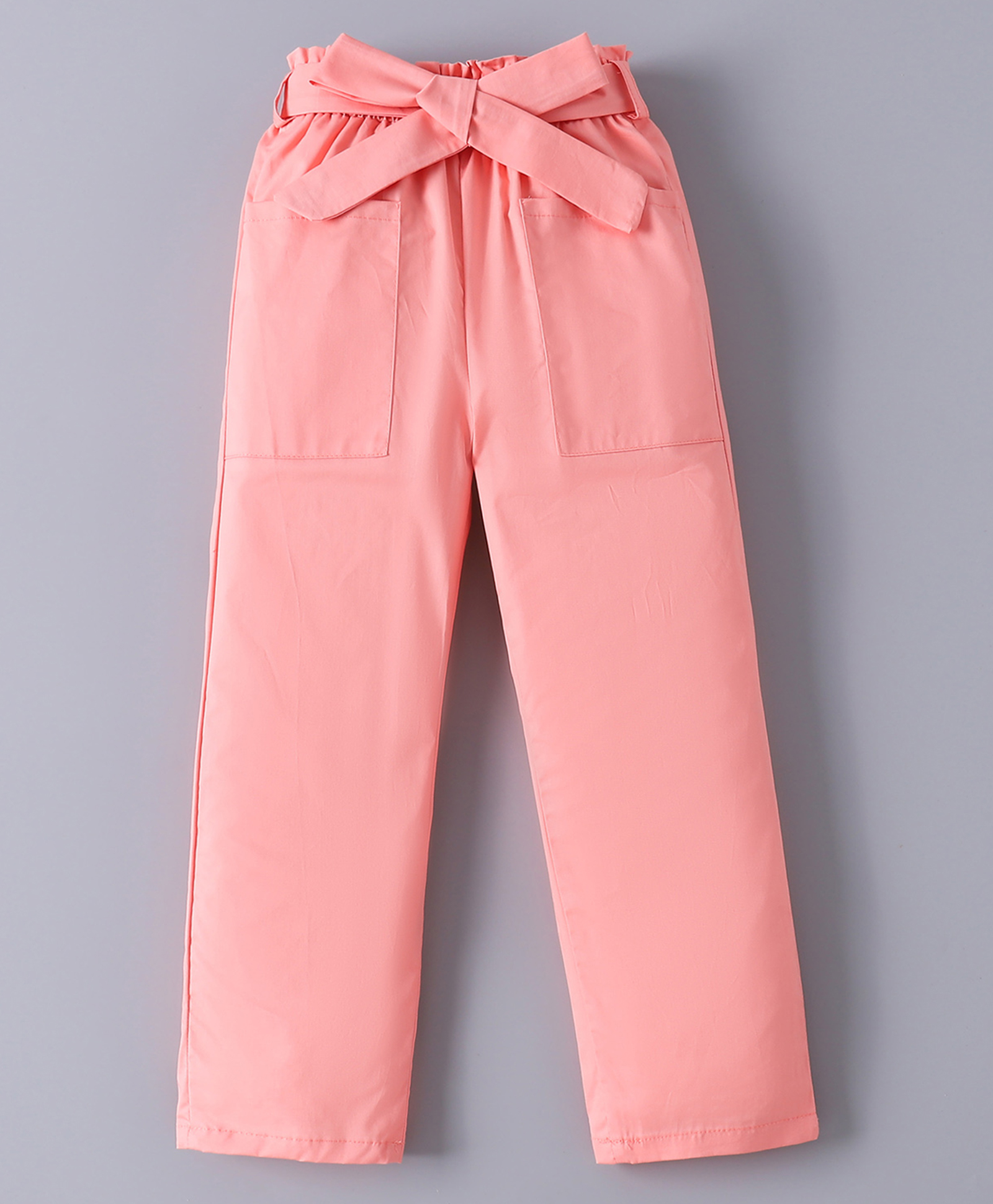 Mark & Mia Full Length Solid Cotton Trouser With Paper Bag Waist & Bow Applique - Pink-picture-18