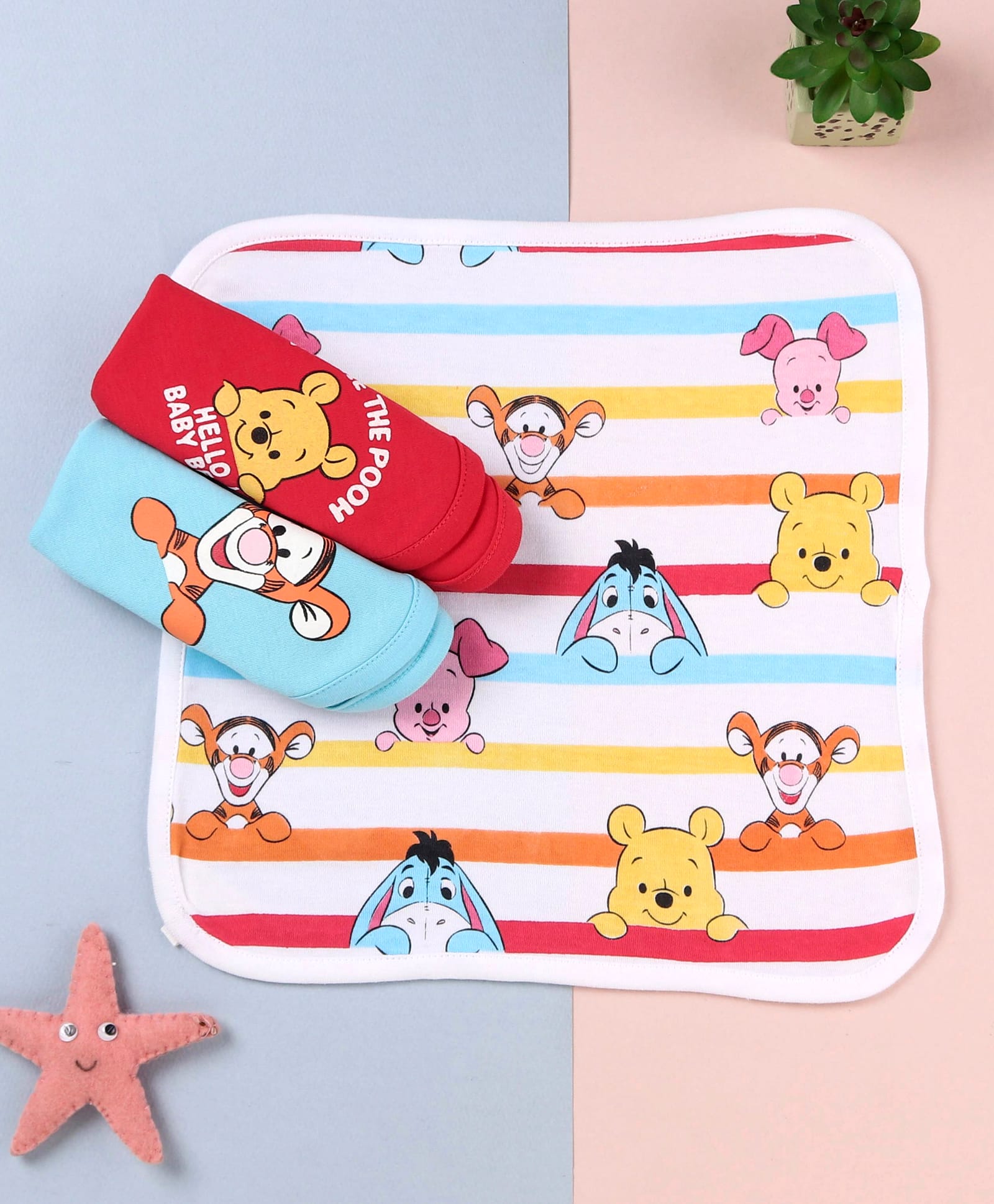 Babyhug Disney Interlock KnitHand and Face Towels with Winnie The Pooh & Friends Graphic Print Pack of 3 L 28 x B 28 cm -Red Light Blue & White-image-42
