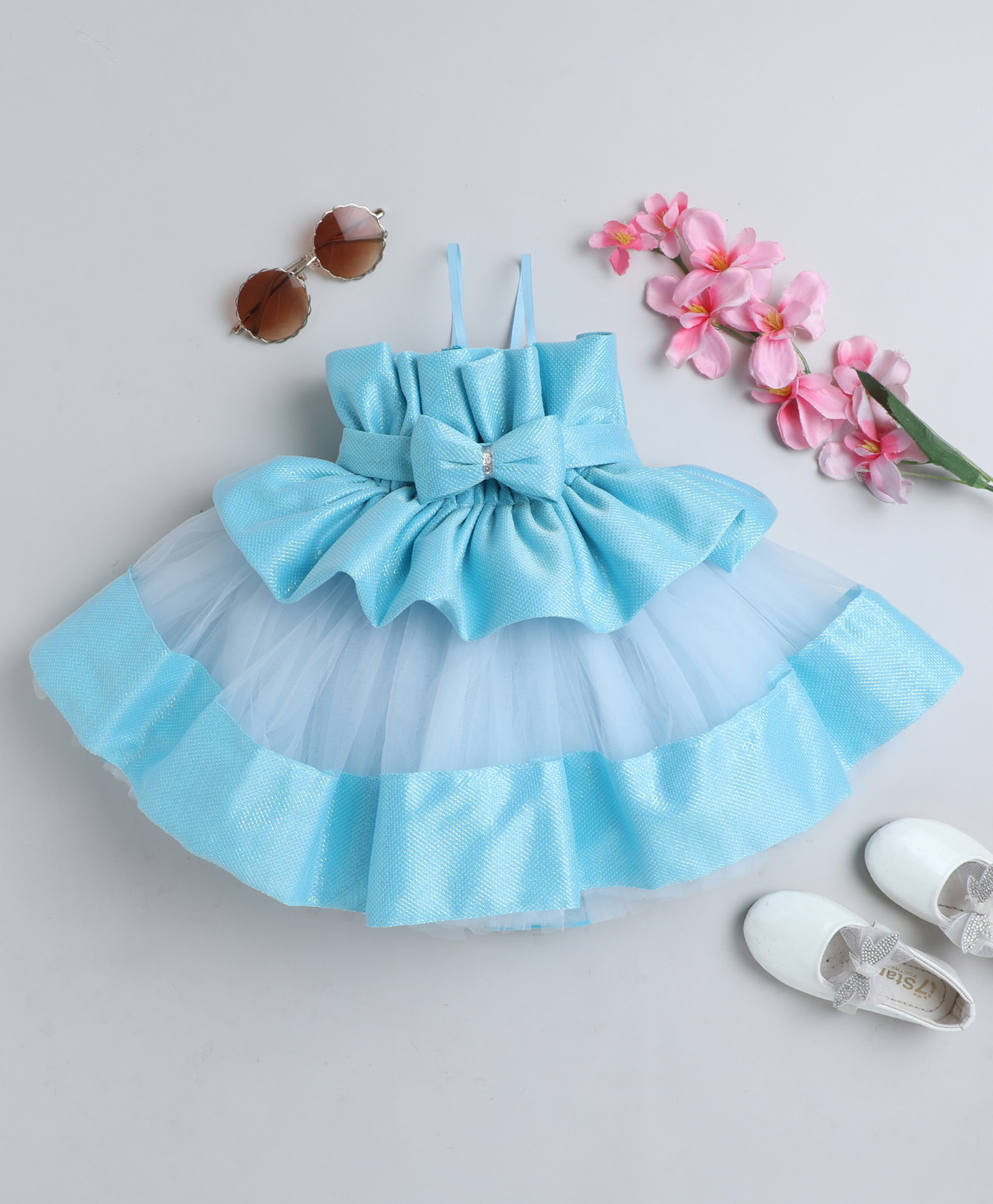 TINY MINY MEE Elastane Sleeveless Bow Applique Detailed & Colour Blocked Dress - Blue-picture-28