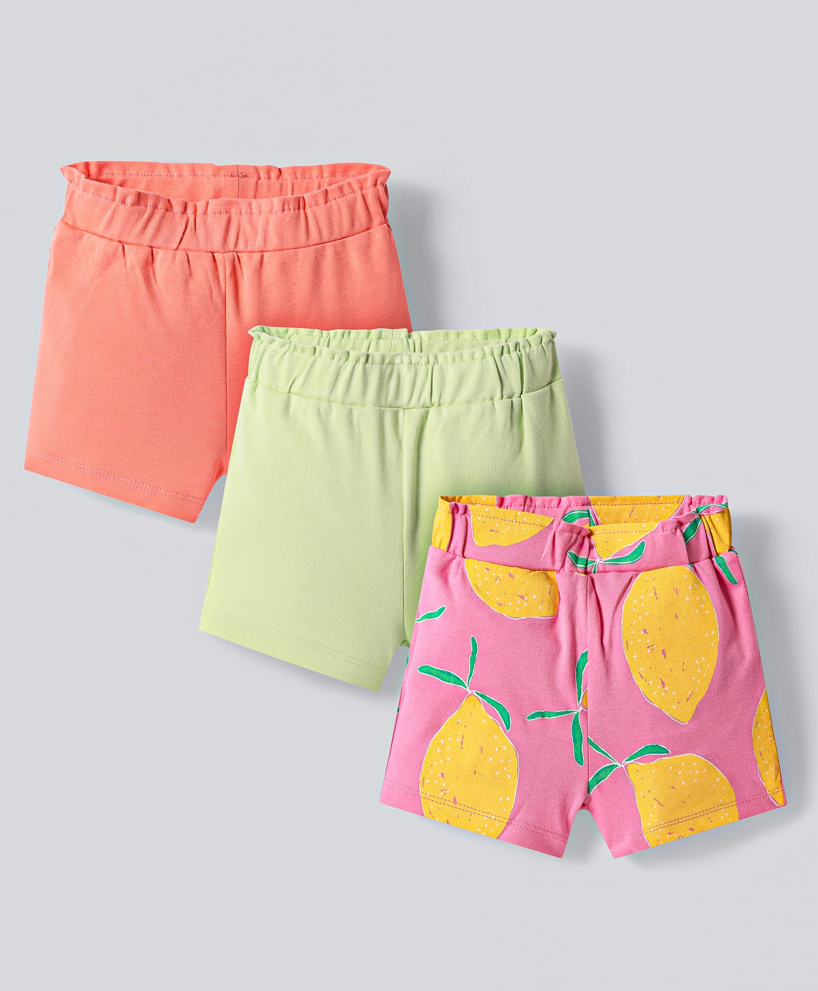 Bonfino 100% Cotton Knit Above Knee Length Shorts With Lemon Print Pack Of 3 - Pink Coral & Green-image-47