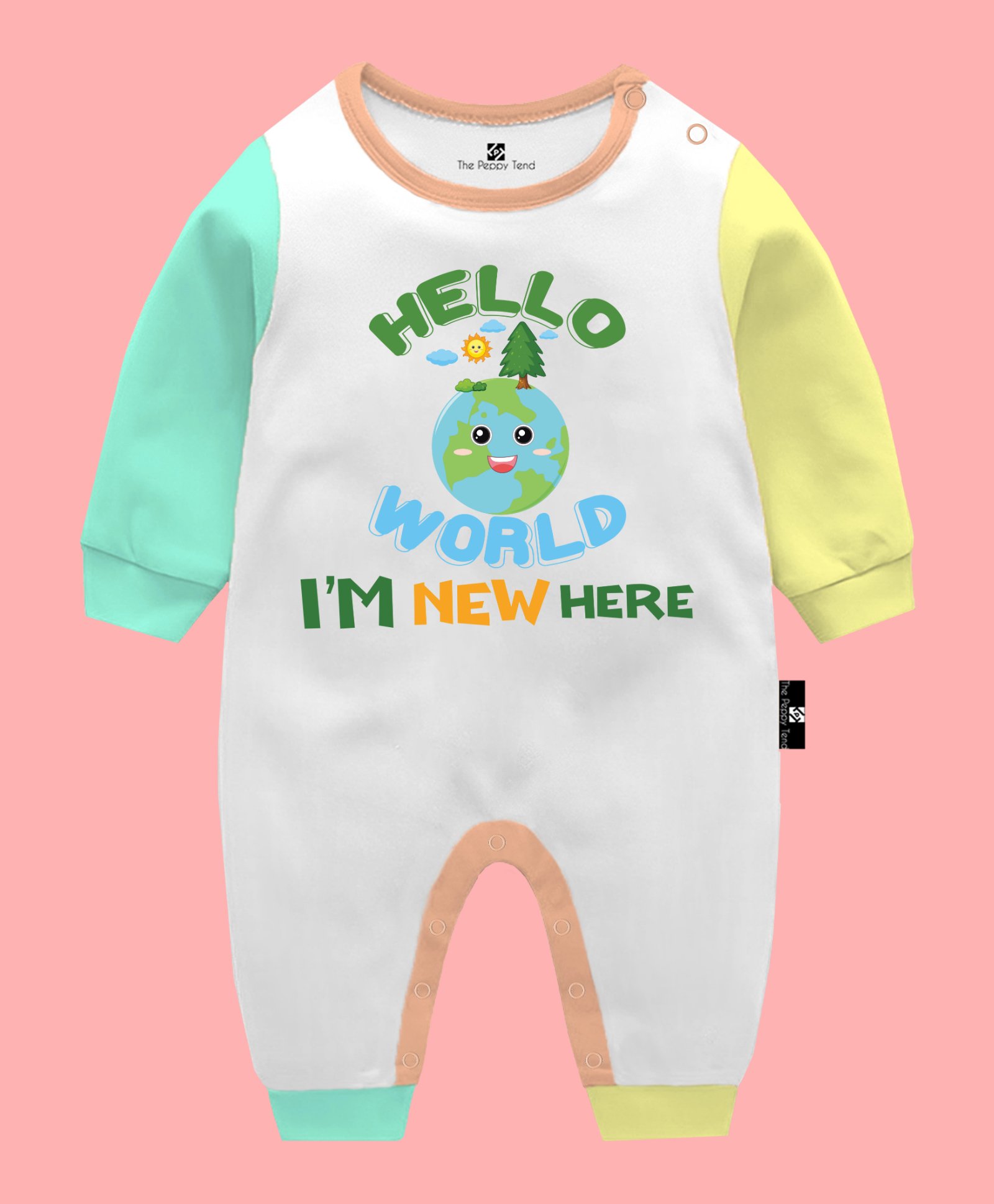 The Peppy Tend 100% Cotton Full Sleeves Hello World I'M New Here Text Printed Romper - Multi Colour-image-25