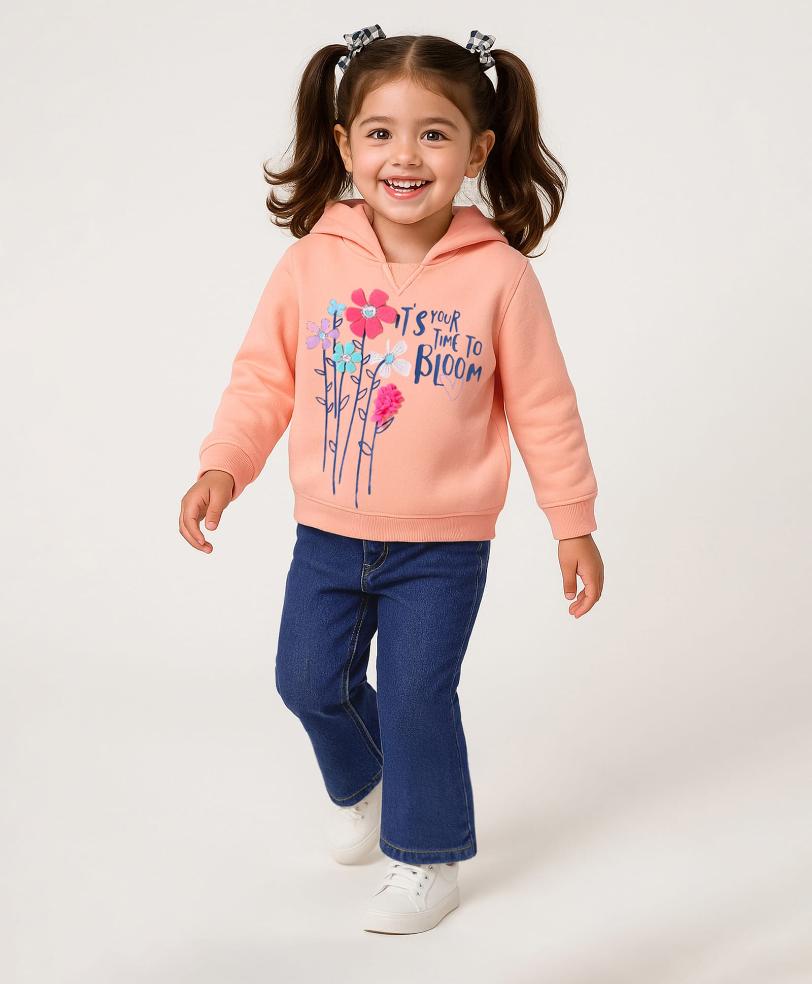 Babyhug Terry Knit Full Sleeves Hooded Sweatshirt & Solid Denim Jeans Set With Floral Print & Applique - Peach & Blue-image-19