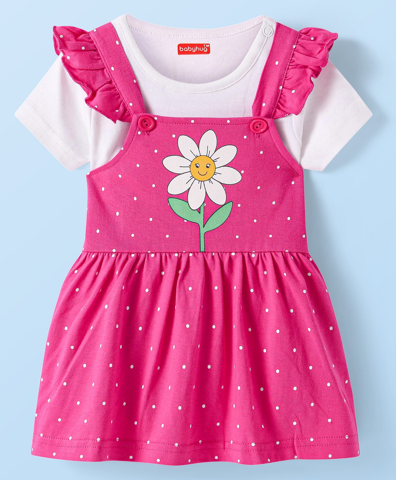 Babyhug 100% Cotton Knit Half Sleeves Solid Colour T-Shirt with Polka Dots & Floral Printed Printed Frock Style Onesie - Dark Pink-picture-21