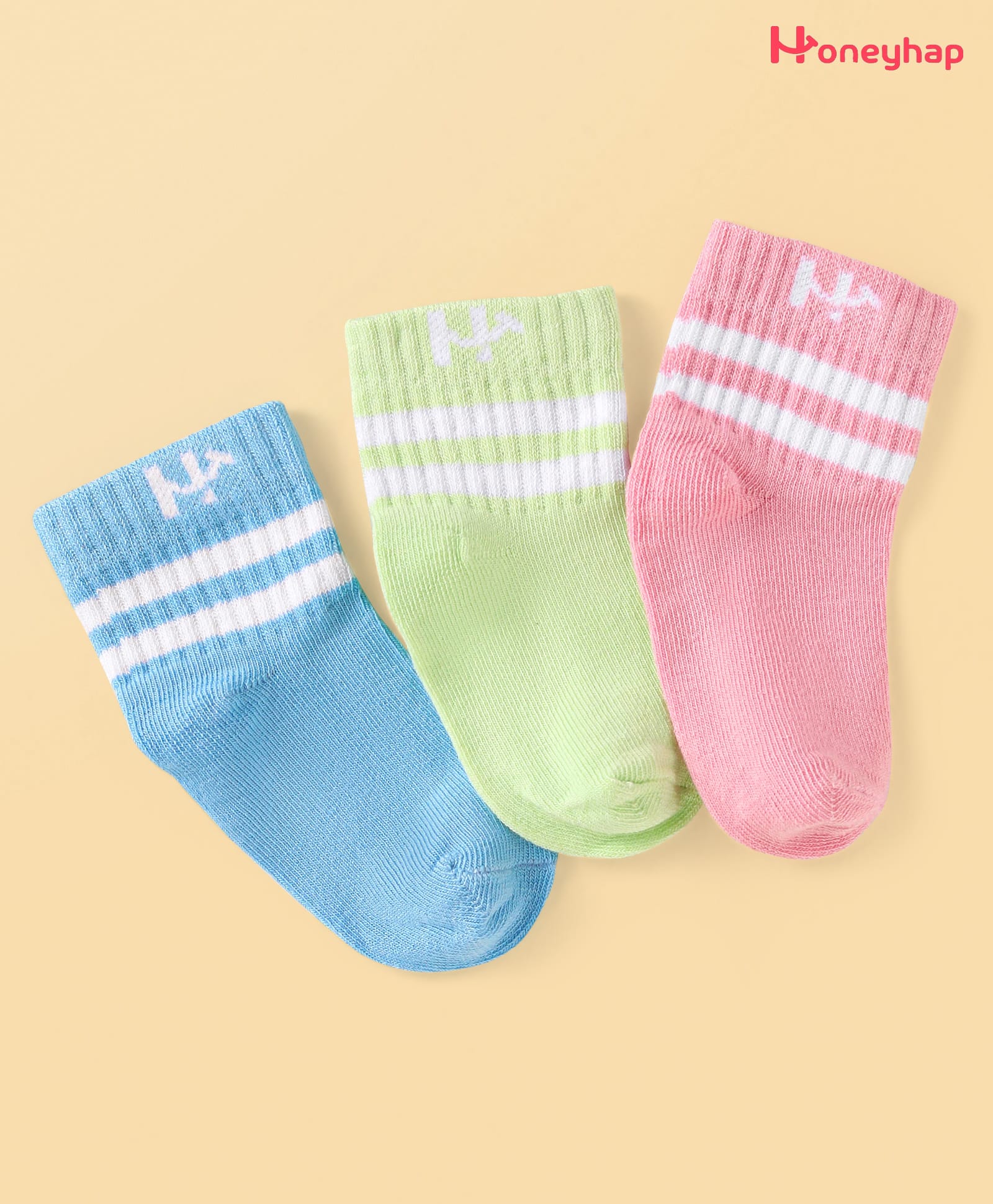 Honeyhap Premium Cotton Knit Ankle Length Bamboo Spandex Bio Finish Socks with Stripes & Brand Logo Design Pack of 3 - Pink Lime & Blue-image-27