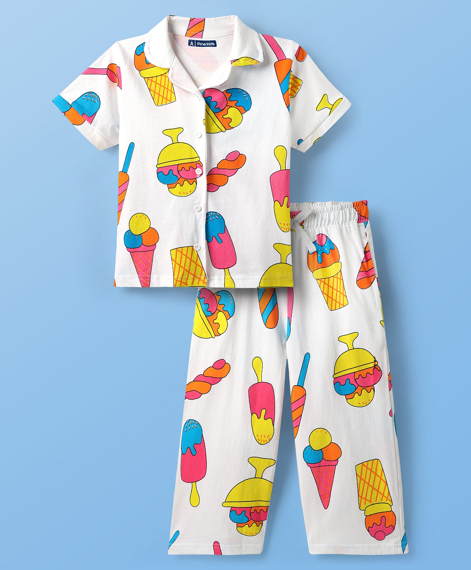 Pine Kids Cotton Knit Half Sleeves Co-Ord Capri Night Suit with Ice -Cream Print - White-picture-41