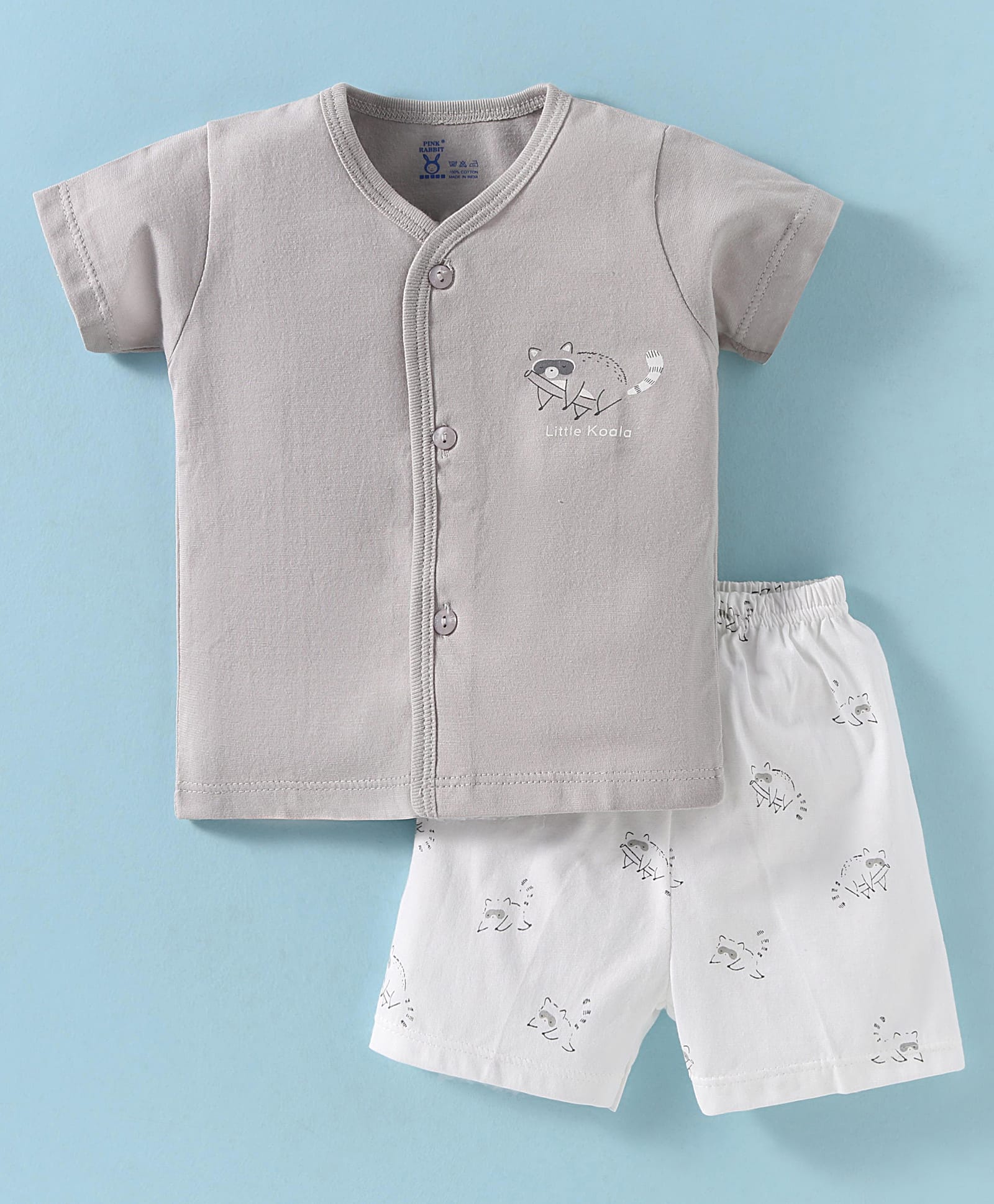 Pink Rabbit Single Jersey Knit Half Sleeves Shorts Night Suit with Koala Print - Grey & White-image-11