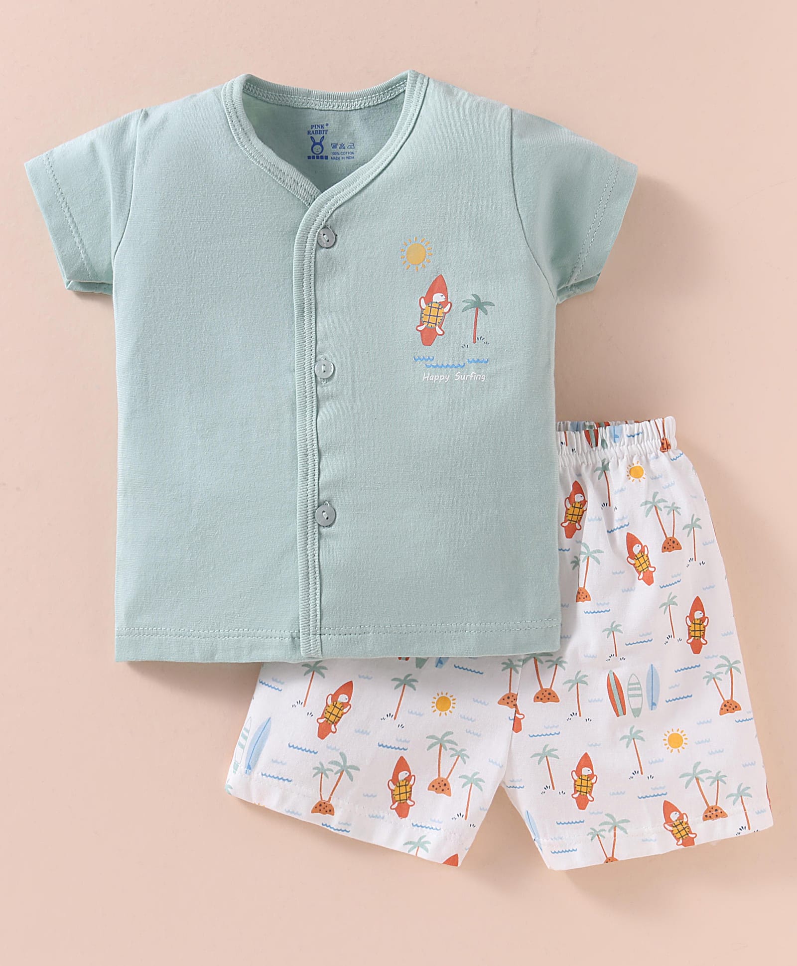 Pink Rabbit Single Jersey Knit Half Sleeves Shorts Night Suit with Beach Theme Print - Light Green & White-image-33