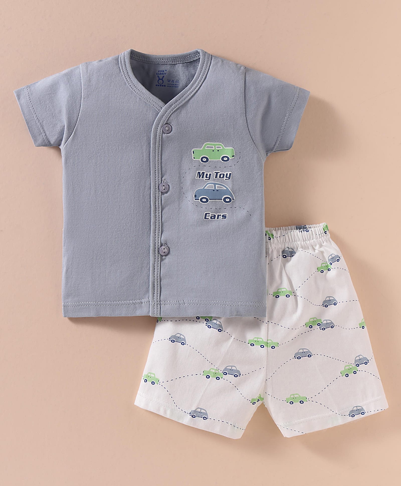 Pink Rabbit Single Jersey Knit Half Sleeves Shorts Night Suit with Car Print - Blue & White-image-40