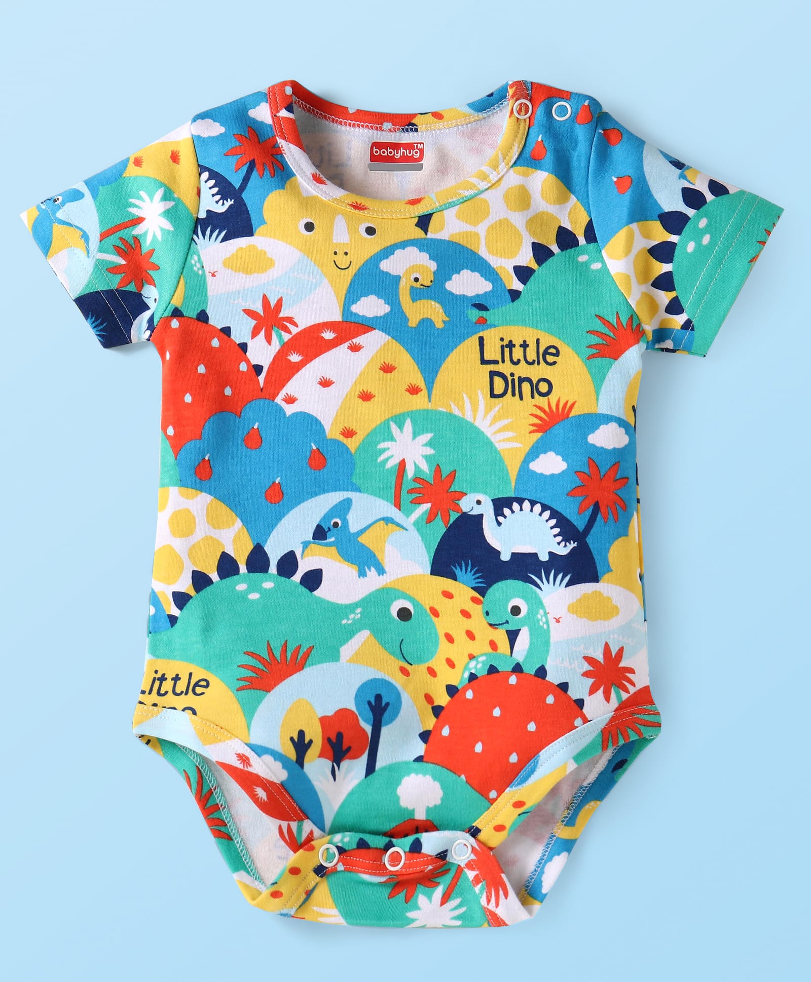 Babyhug 100% Cotton Knit Half Sleeves Dino Printed Onesie - Red Sea Green & Yellow-image-14