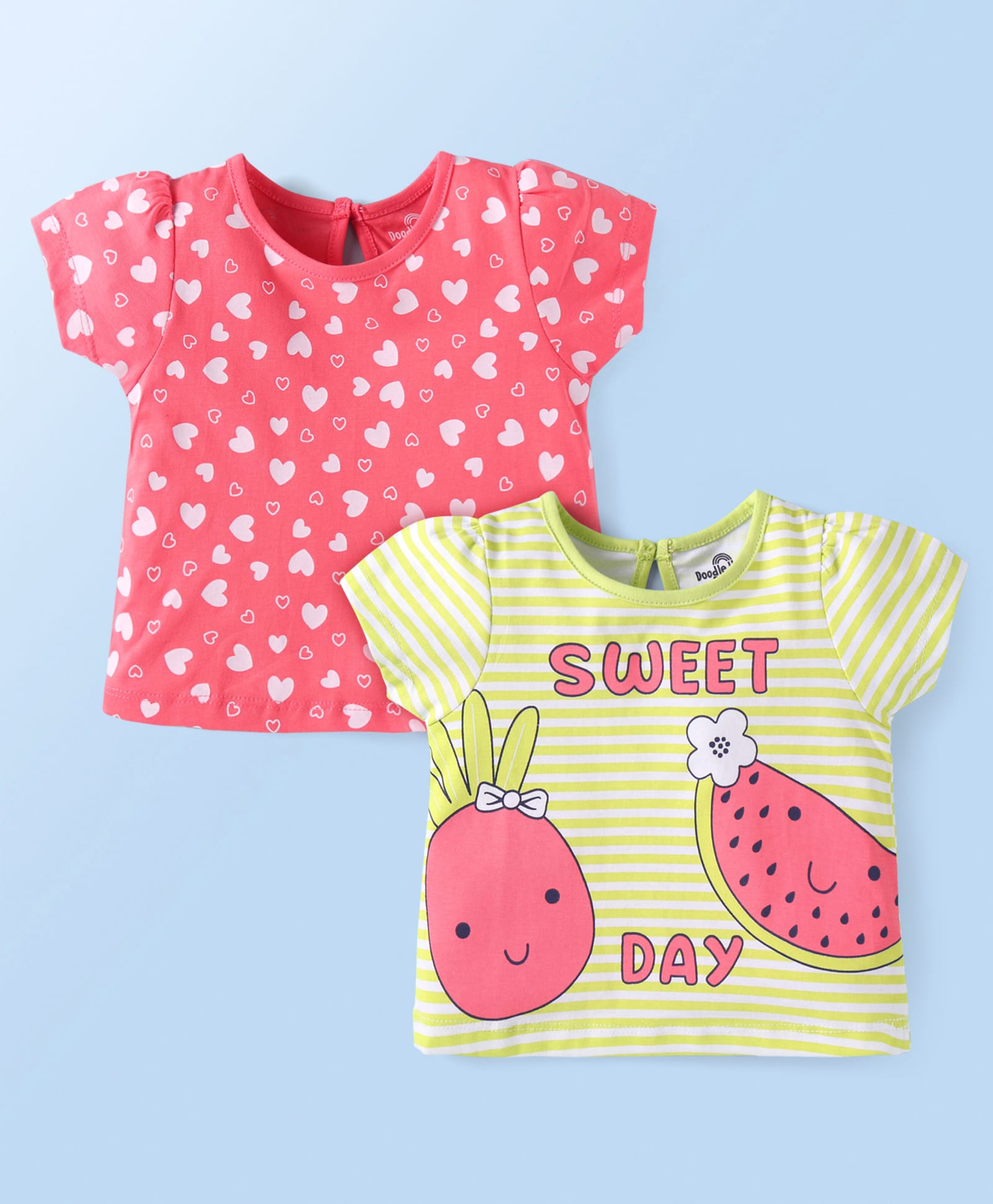 Doodle Poodle Single Jersey Knit Half Sleeves Tops With Heart & Tropical Theme Print Pack Of 2 - Pink Lemon Yellow-image-46