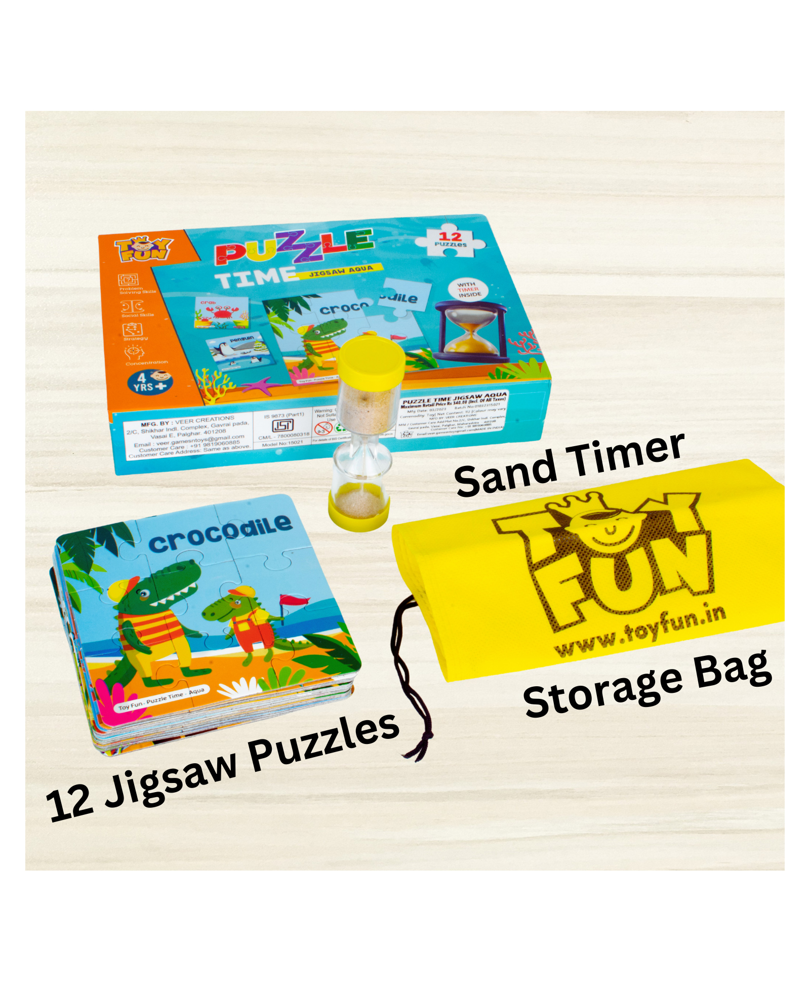 toyfun TOY FUN Puzzle Time Aqua Animals for Kids 3 Years+ | 12 Jigsaw Puzzle with Sand Timer and Pouch | 108 Pieces | Educational Puzzle Game for Fun and challegne-picture-33