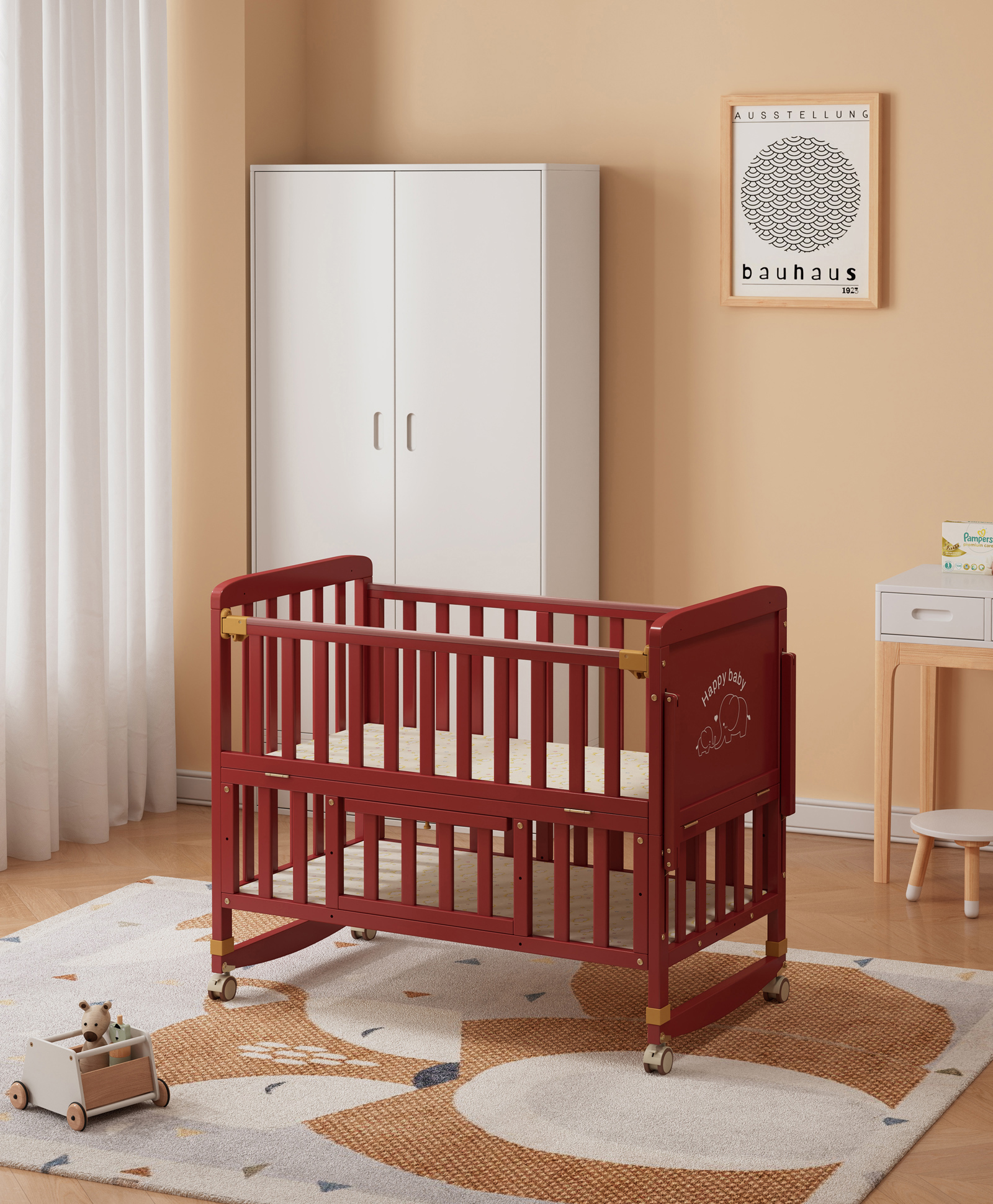 6 in 1 Baby Cot Cum Rocking Bed With Diaper Table Storage - Tan-image-46