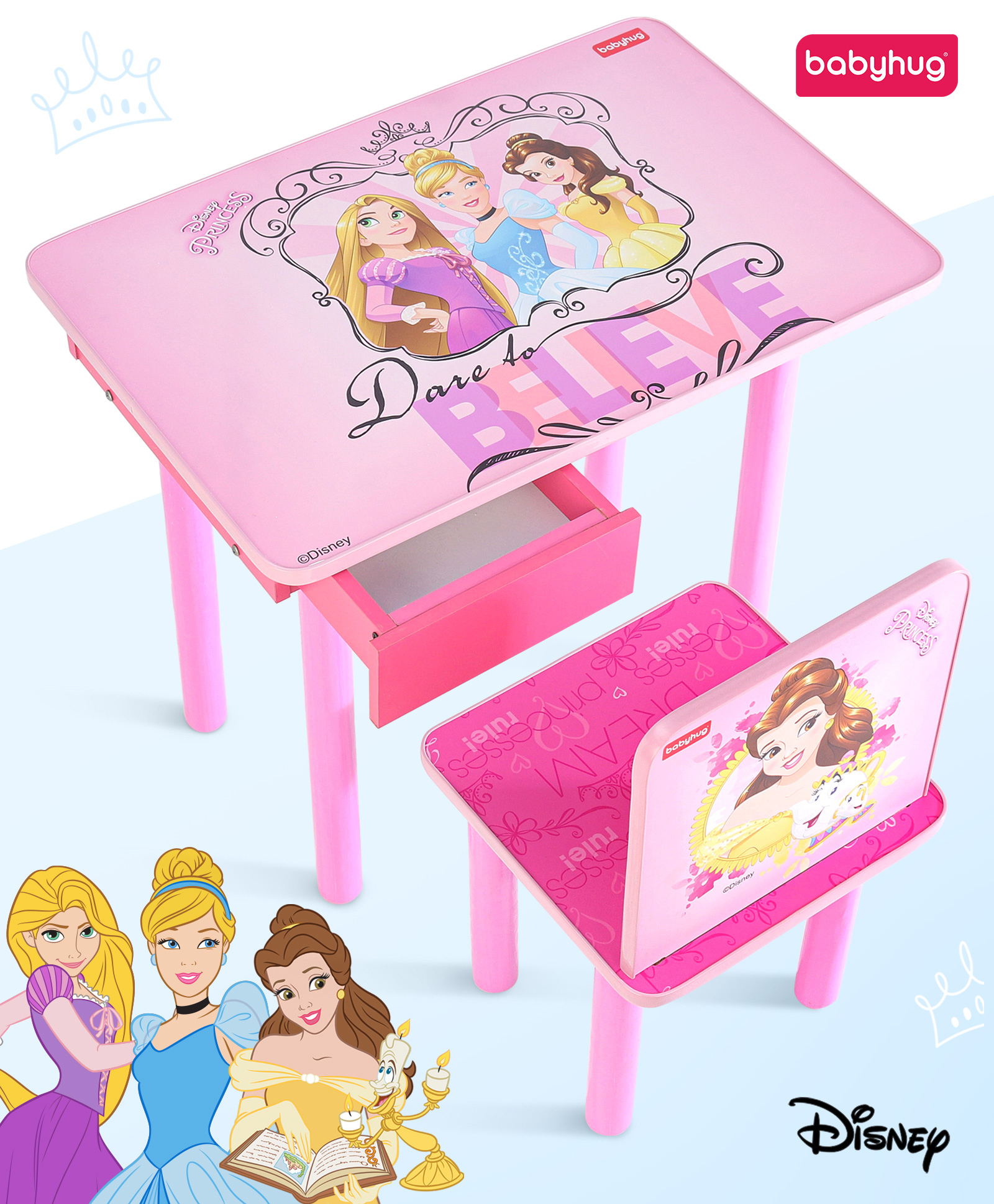 Babyhug Disney Princess Multipurpose Study Table with Drawer Storage - Pink-image-42