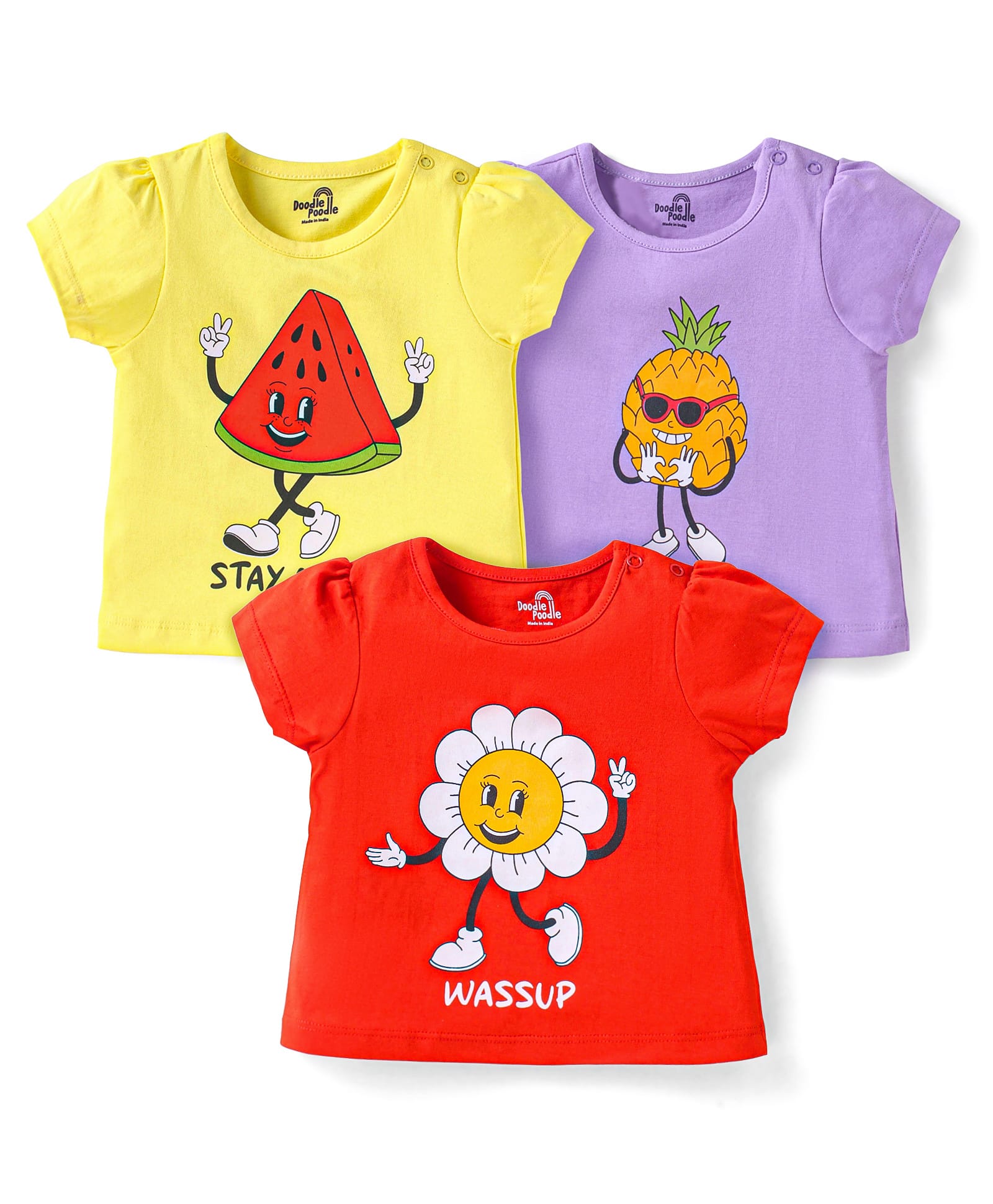Doodle Poodle 100% Cotton Knit Half Sleeves Tops with Cartoon Print Pack of 3 - Lemon Yellow Red & Lavender-picture-21