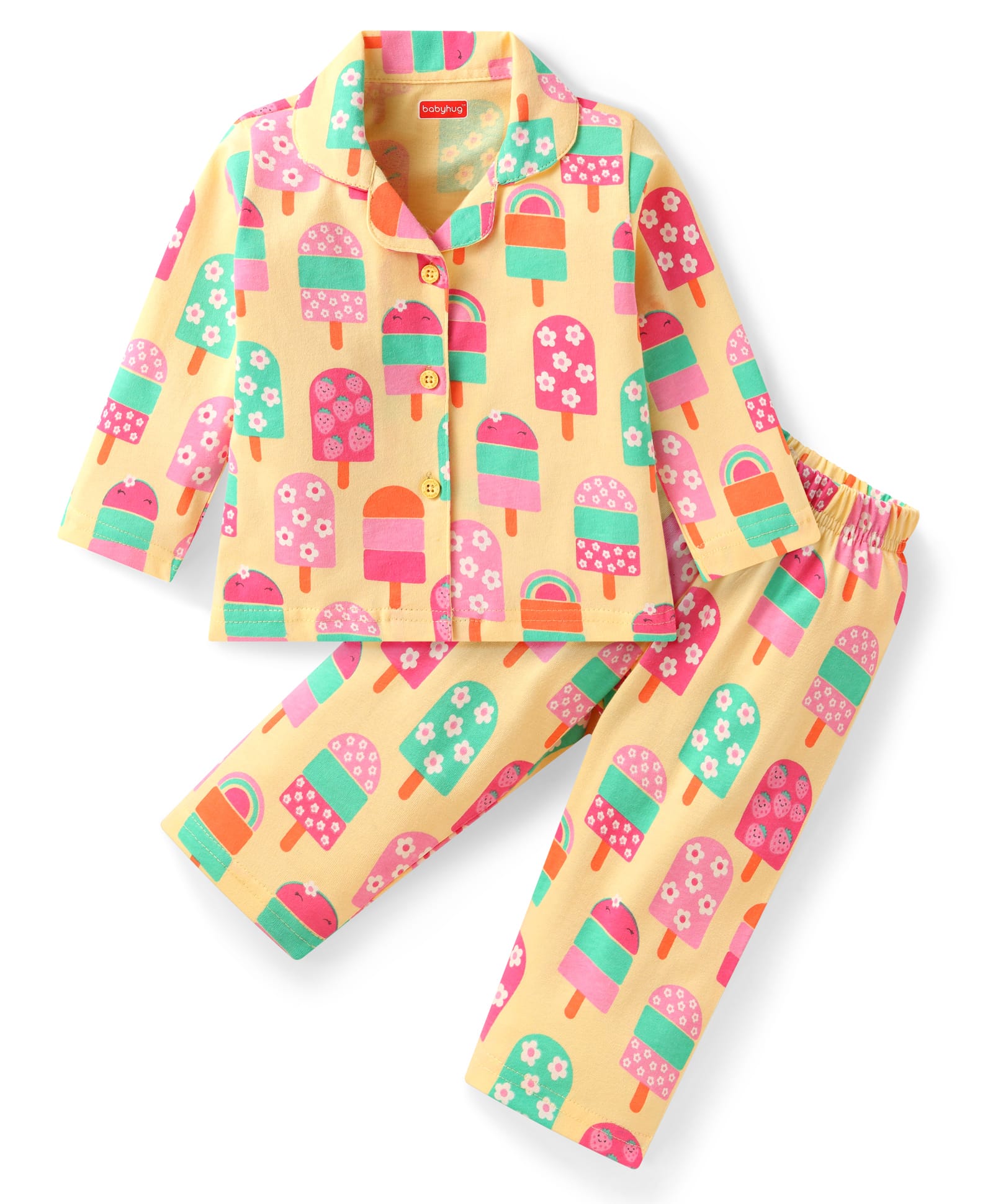 Babyhug Cotton Knit Full Sleeves Front Open Co-ords Night Suit with Popsicle Print - Yellow-picture-19