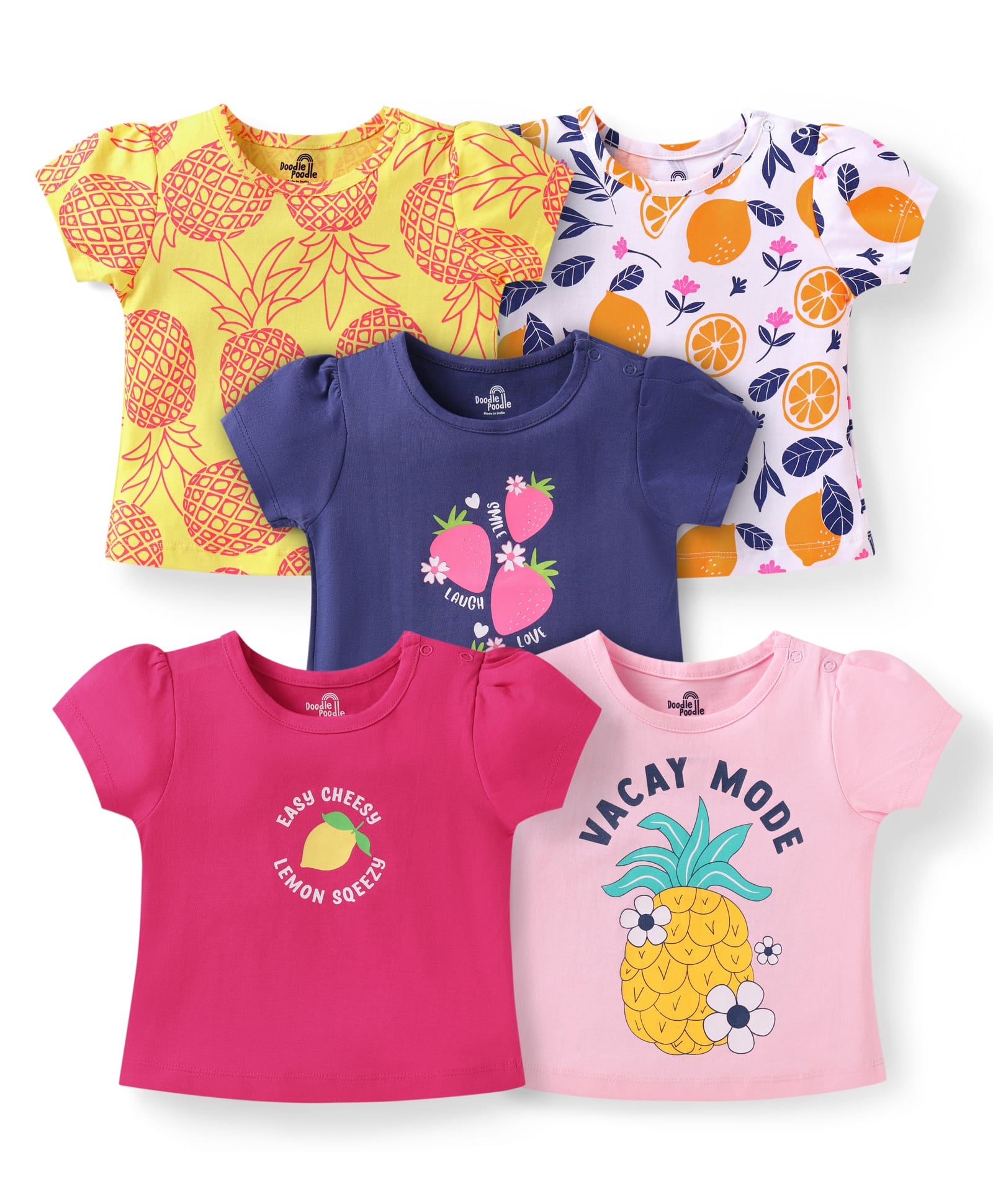 Doodle Poodle 100% Cotton Knit Half Sleeves Tops With Fruit Print Pack of 5 - Multicolor-picture-3