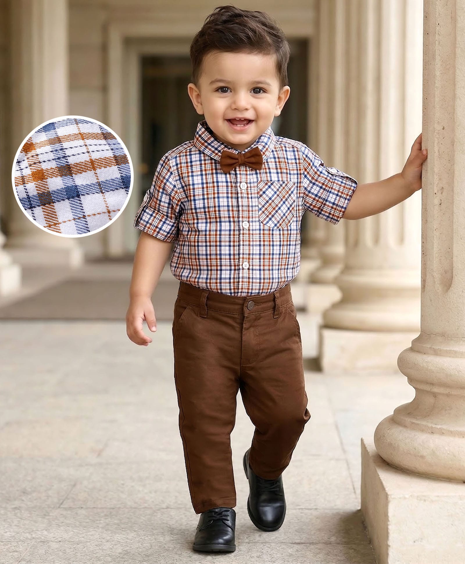 Babyhug Cotton Knit Full Sleeves Checkered Shirt & Trouser Set with Bow - Brown-image-49