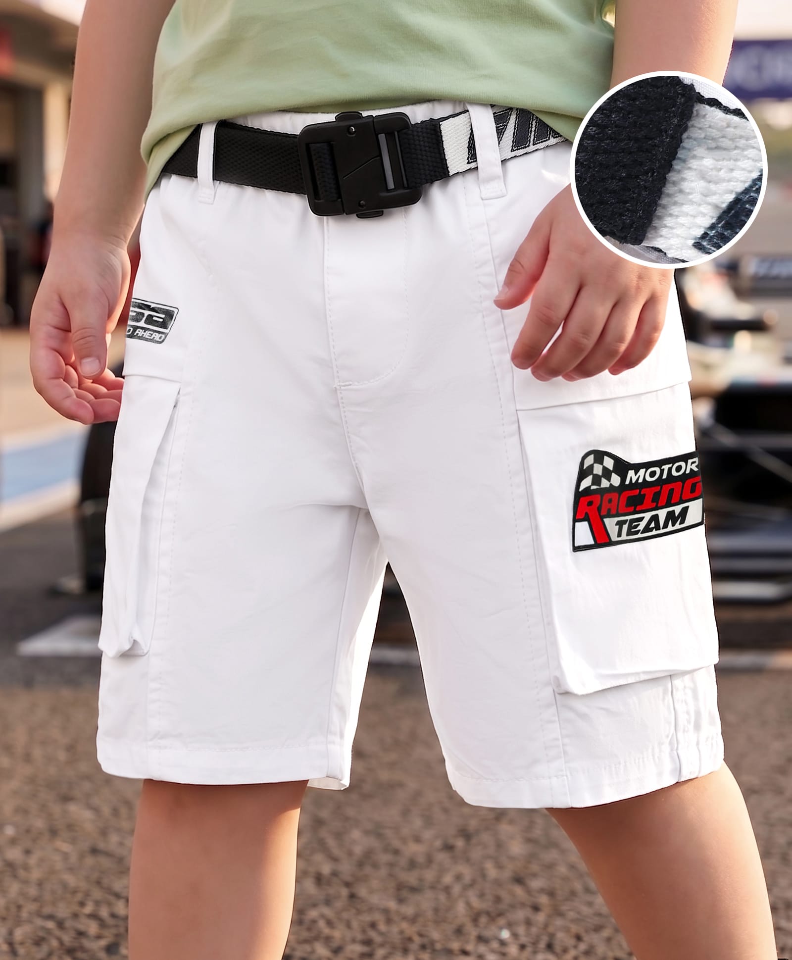 kookie kids india Kookie Kids Cotton Woven Knee Length Shorts & Belt With Race Theme Print - White-picture-19