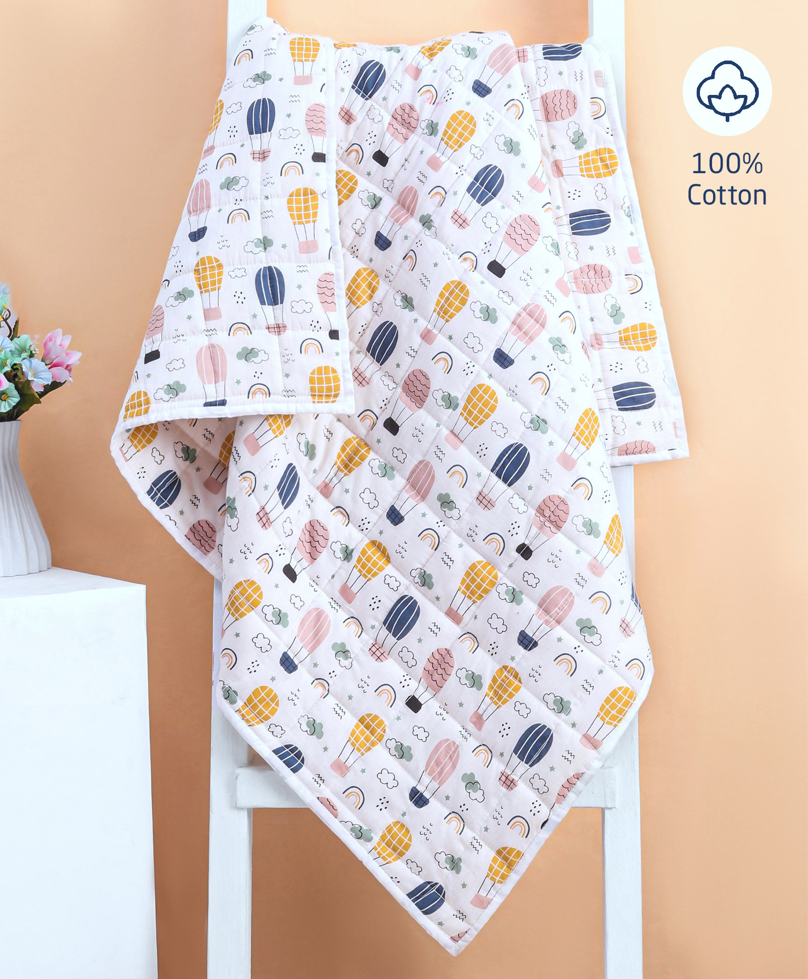 ZOE Organic Cotton Baby Muslin AC Quilt Blanket with Hot Air Balloon Print - Multicolour-picture-7