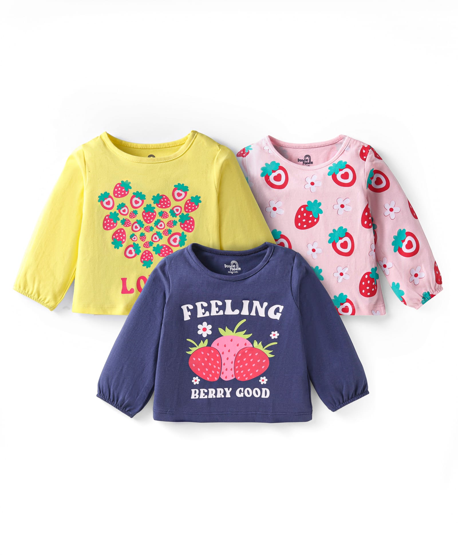 Doodle Poodle Single Jersey Knit Full Sleeves Tops with Strawberry Print Pack of 3 - Yellow Pink & Navy Blue-picture-4