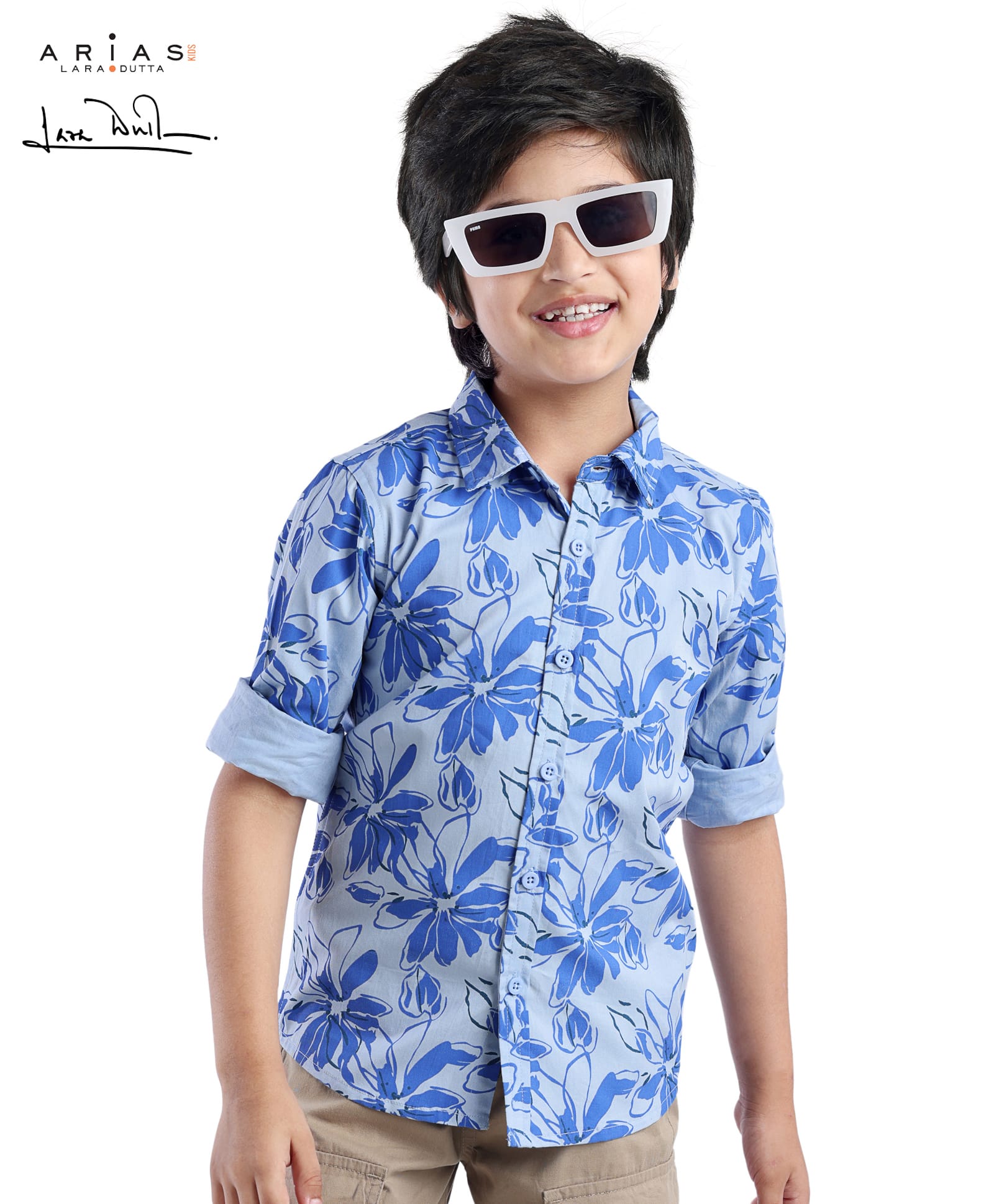 arias by lara dutta Arias Cotton Woven Full Sleeves Shirt with Floral Print - Light Blue-picture-12