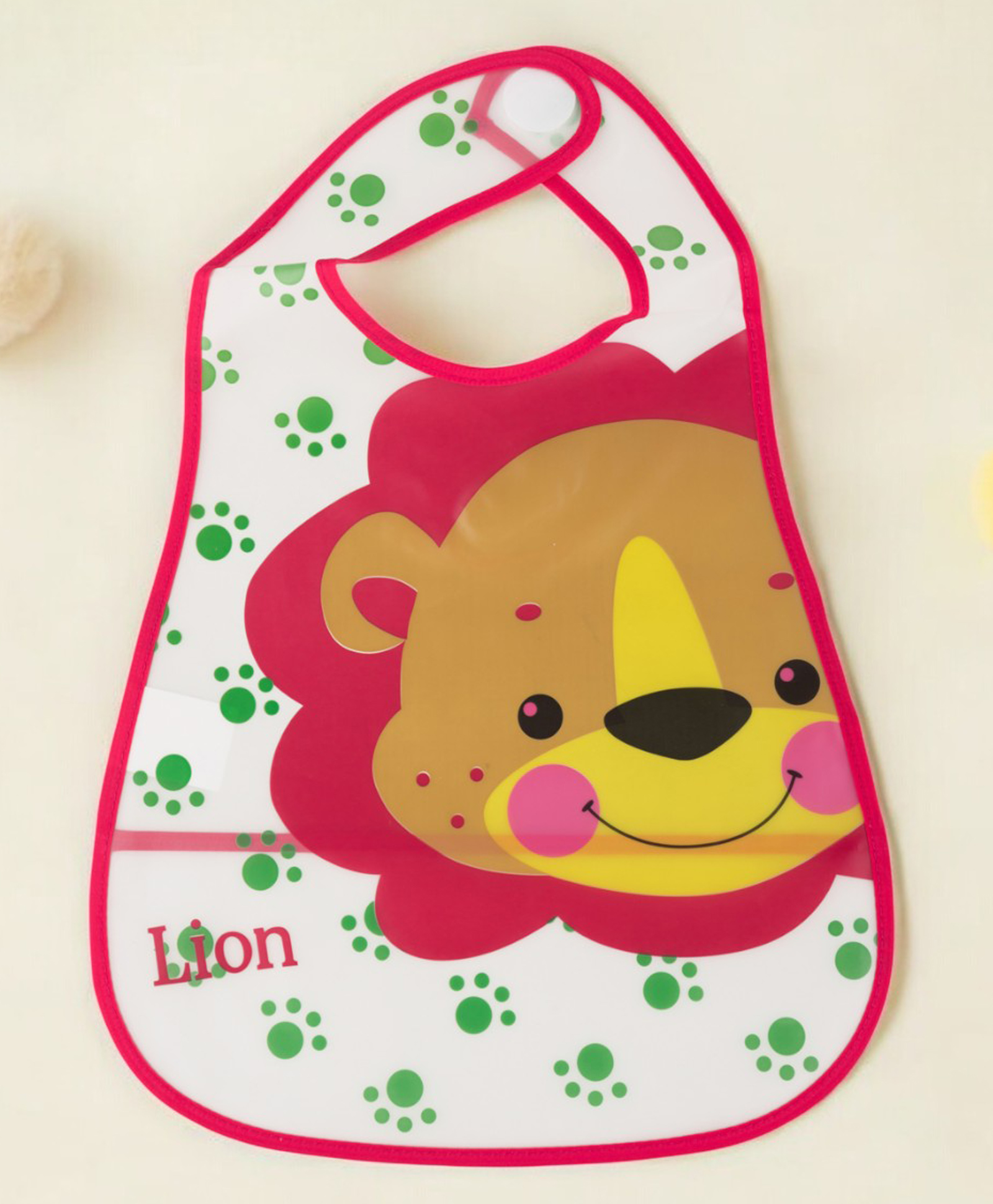 Yellow Bee PVC Cute Lion-Themed Waterproof Baby Bib with Paw Print Design for Boys- Pink & Brown-image-34