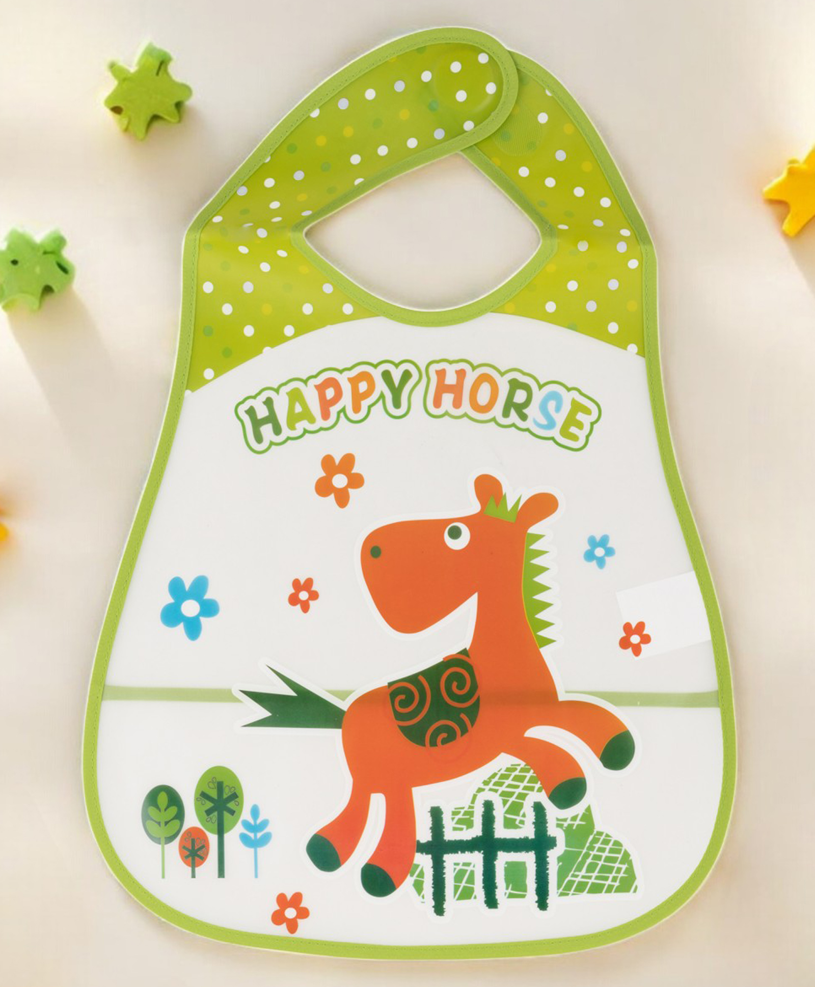 Yellow Bee PVC Happy Horse Waterproof Baby Bib for Boys- Green-image-3