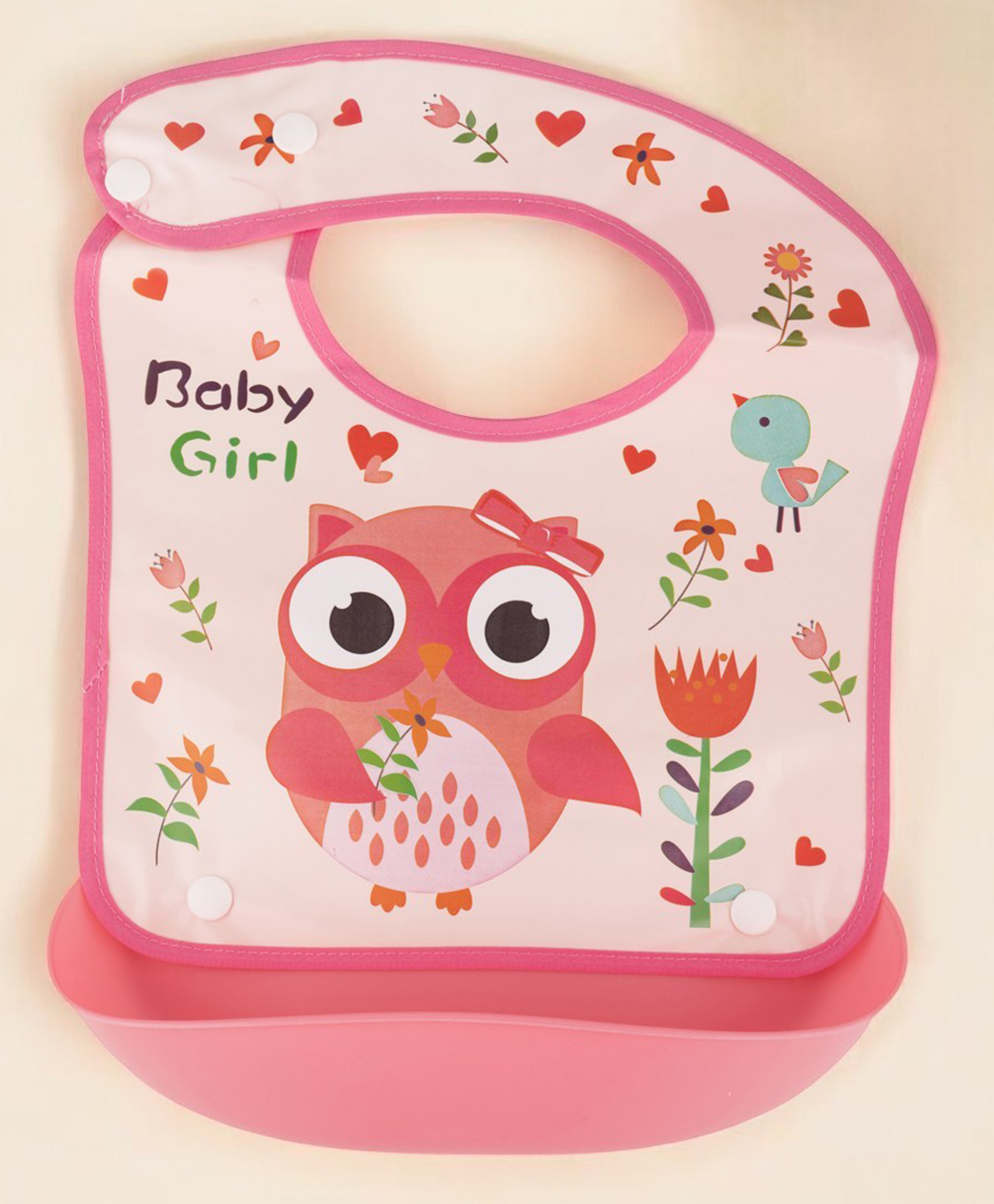 Yellow Bee Silicon Owl-Themed Waterproof Bib with Catch Pocket and Floral Accents for Girls- Pink-picture-14