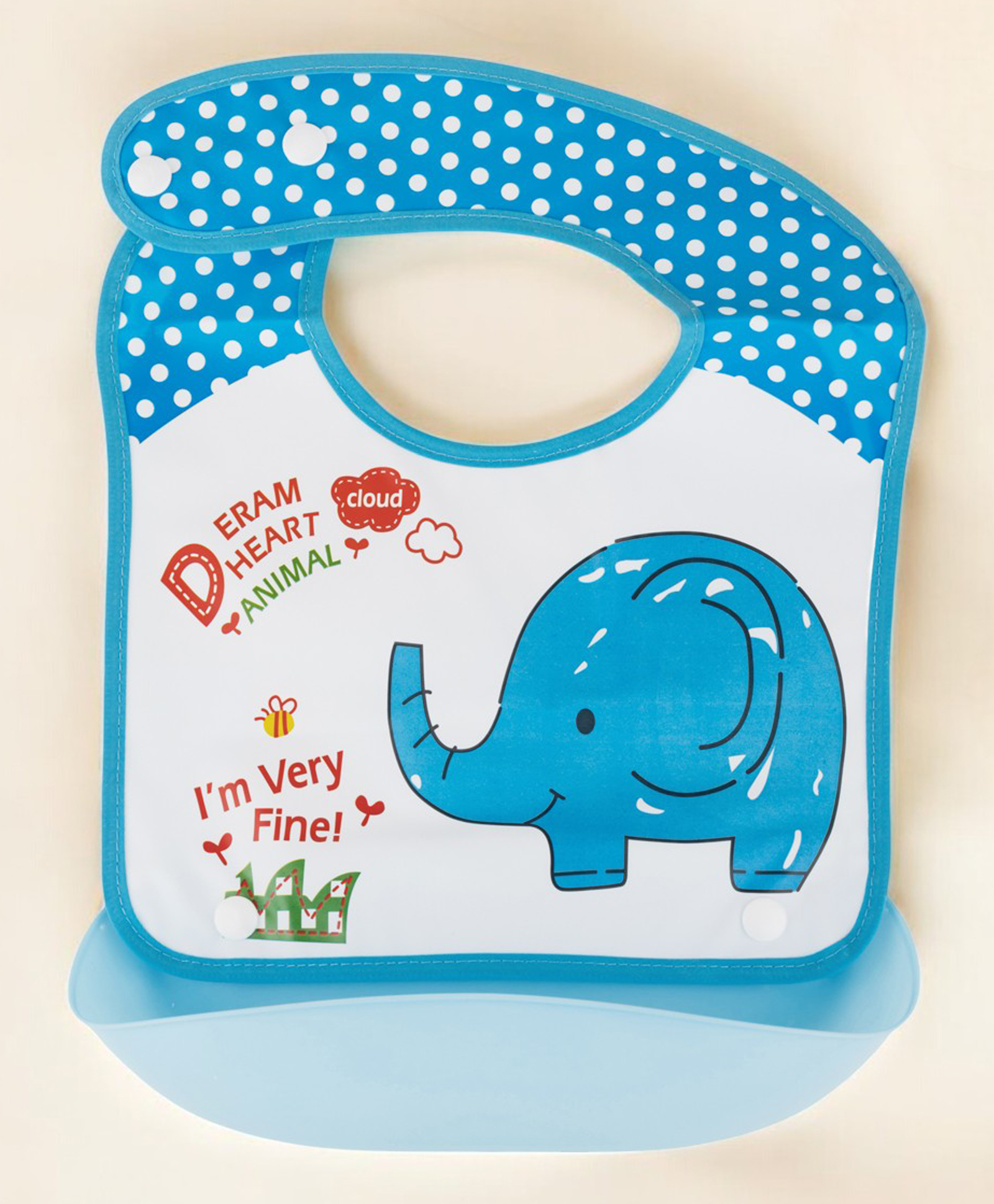 Yellow Bee Silicon Elephant-Themed Baby Bib with Catch Pocket and Polka Dot Trim for Boys- Light Blue & White-image-13