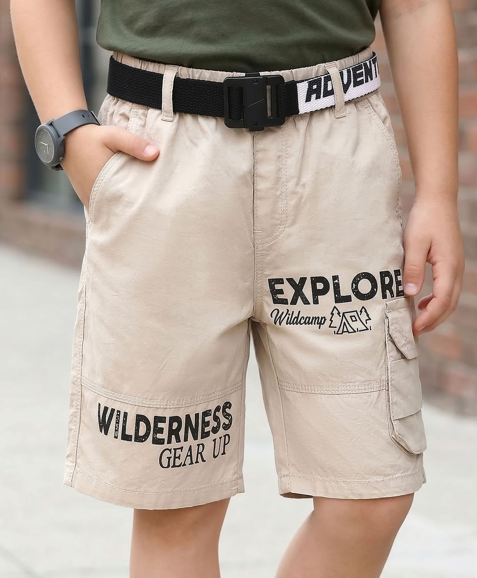 kookie kids india Kookie Kids Cotton Woven Knee Length Shorts With Explorer Text Print & Printed Belt - Beige-picture-11