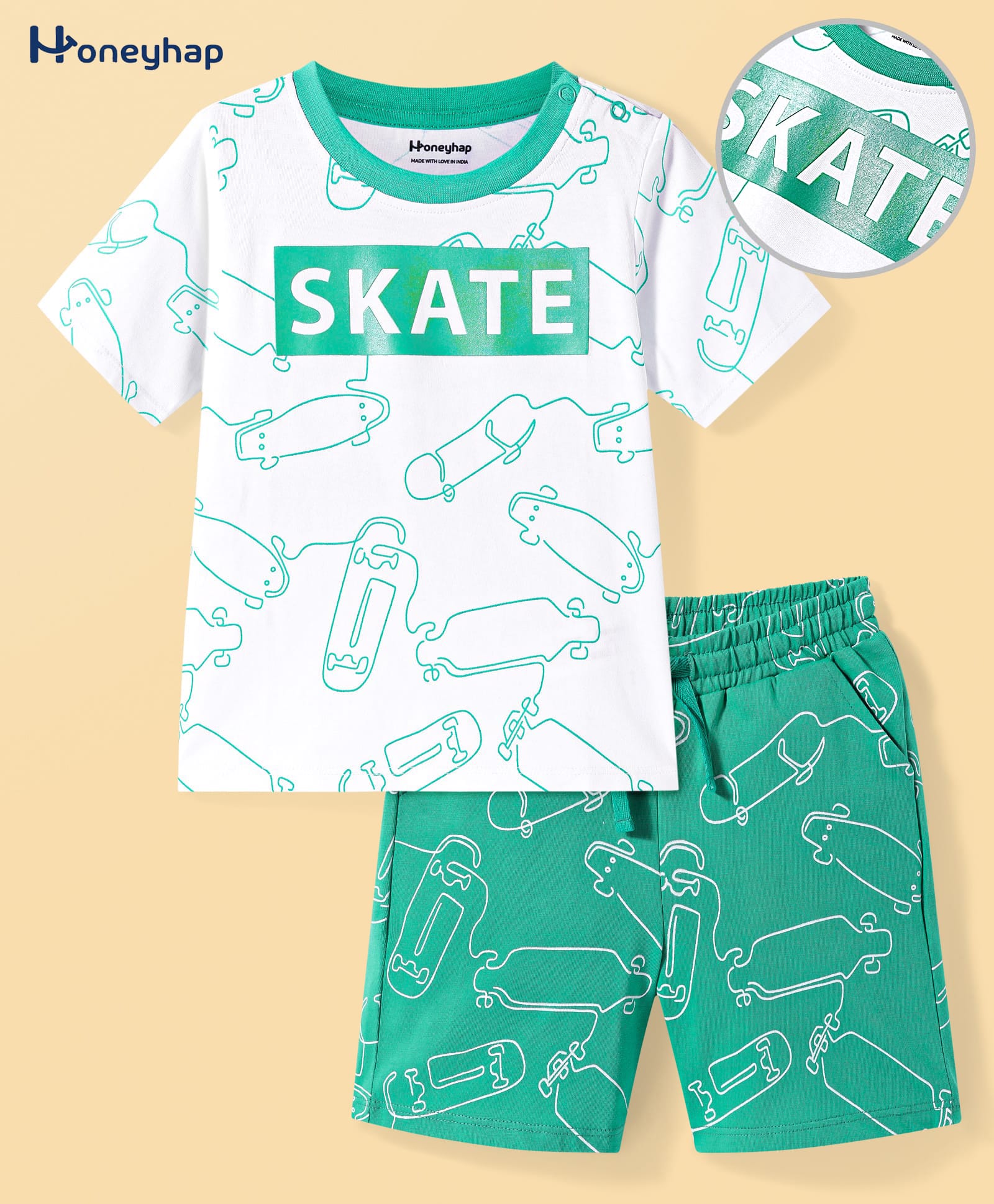 Honeyhap Premium 100% Premium Cotton Knit Half Sleeves Skate Printed Shorts Night Suit With Bio Finish- Bright White& Mint-image-16