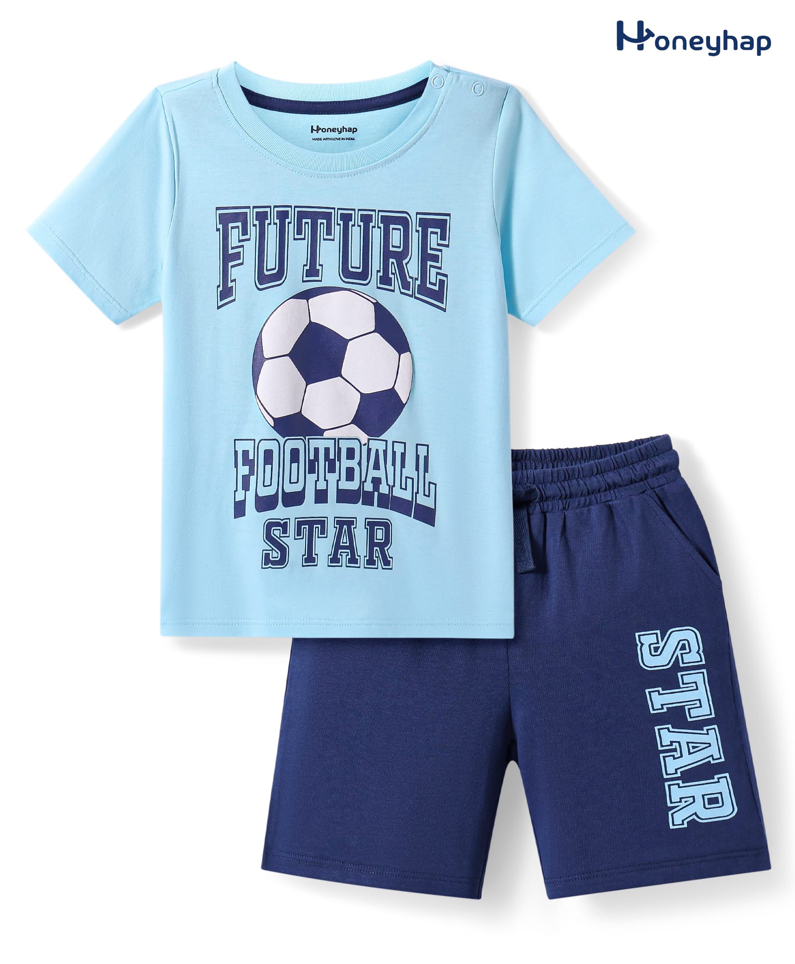 Honeyhap Premium 100% Premium Cotton Knit Half Sleeves Football Printed Shorts Night Suit - Blue Elixir & Navy Peony-image-7