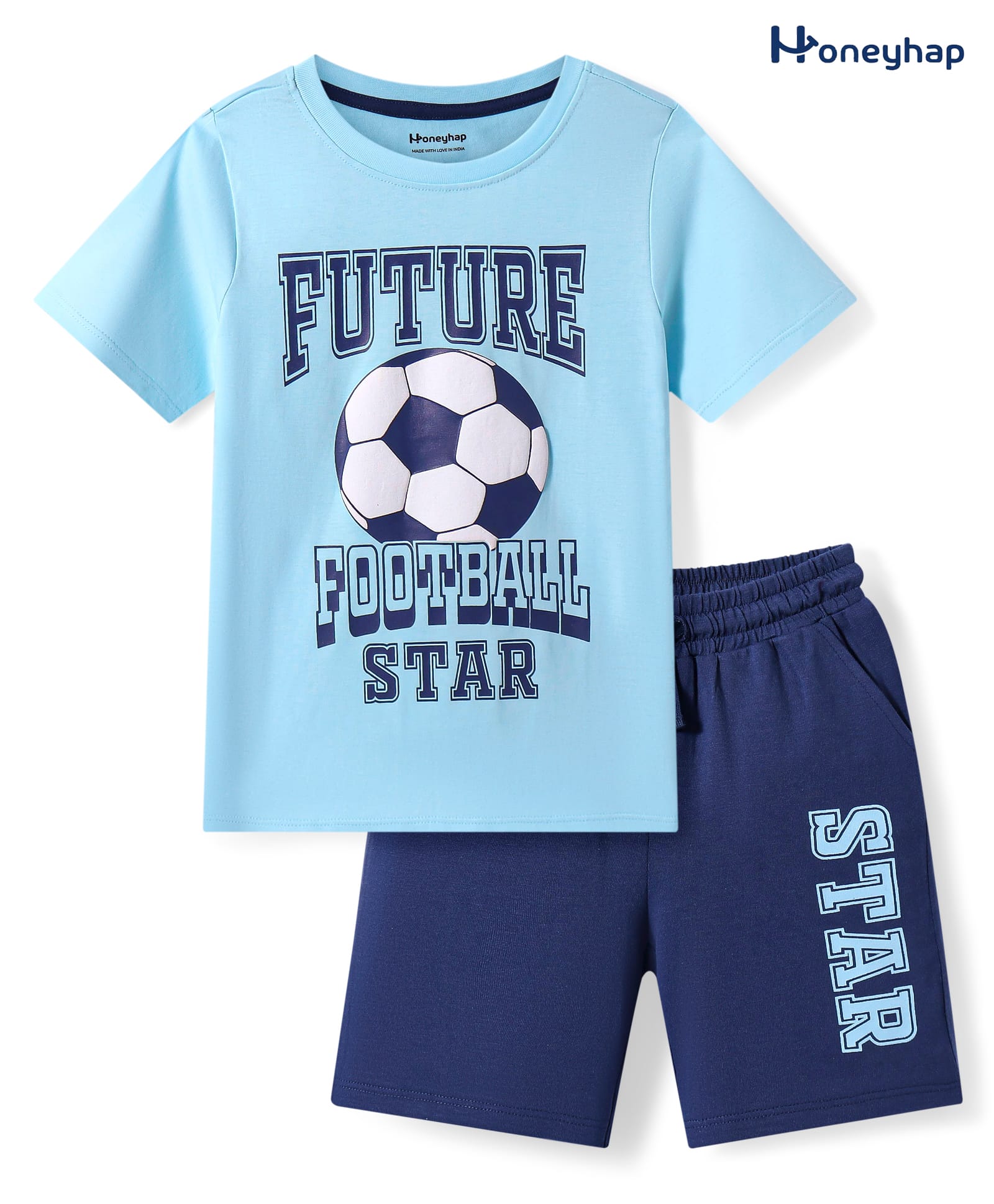 Honeyhap Premium 100% Premium Cotton Knit Half Sleeves Football Printed Shorts Night Suit - Blue Elixir & Navy Peony-picture-31