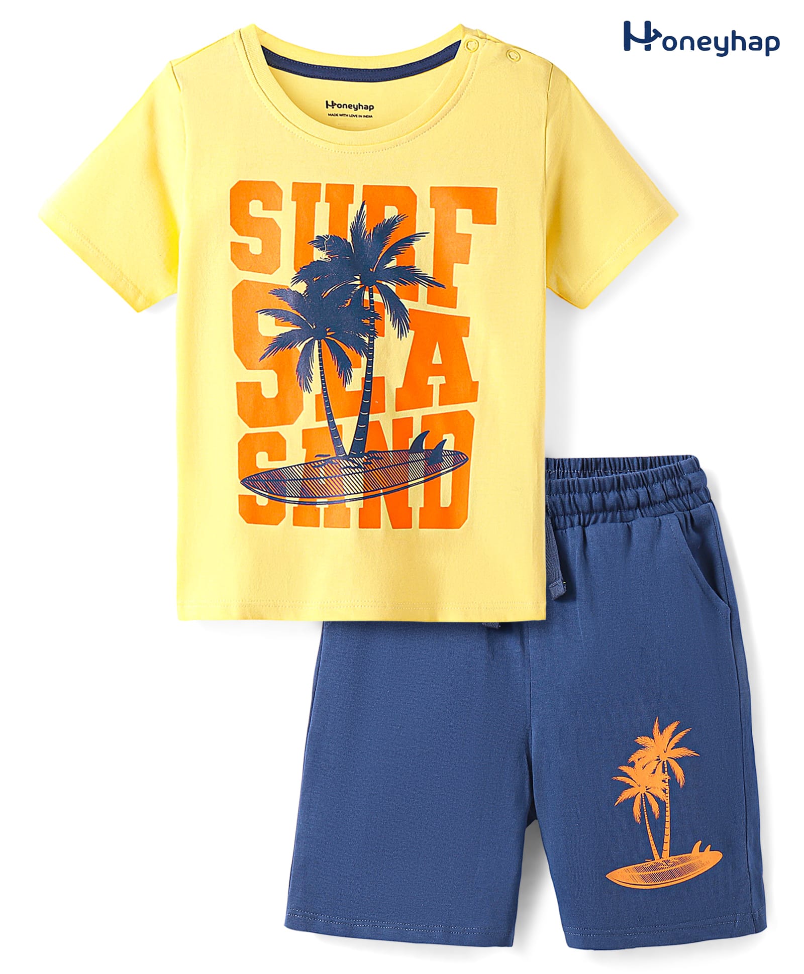 Honeyhap Premium 100% Premium Cotton Knit Half Sleeves Surfing Printed Shorts Night Suit - Sun Shine & Navy Peony-image-20