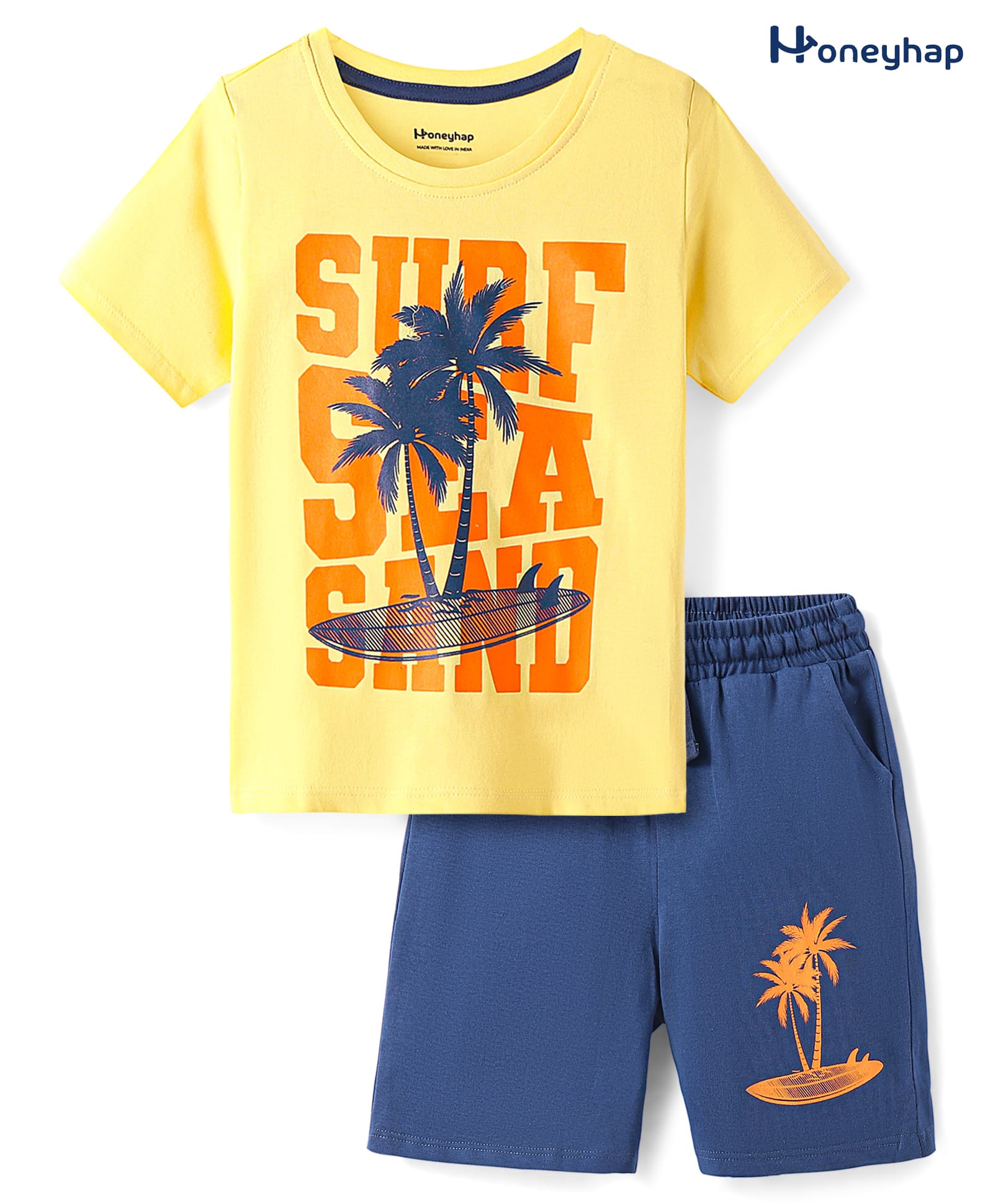 Honeyhap Premium 100% Premium Cotton Knit Half Sleeves Surfing Printed Shorts Night Suit - Sun Shine & Navy Peony-image-19