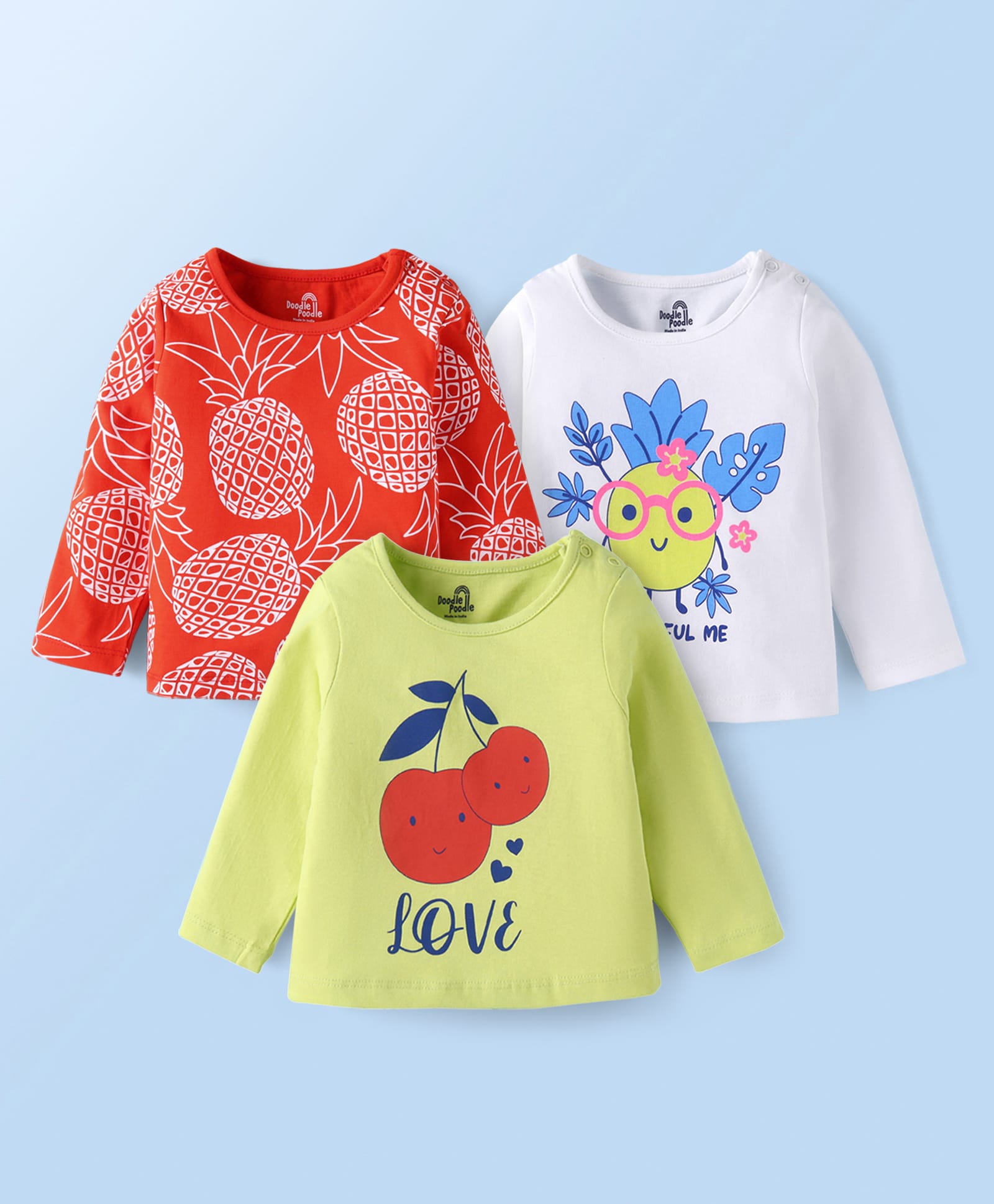 Doodle Poodle Single Jersey Knit Full Sleeves Printed T-Shirt Pack Of 3 With Tropical Print - Orange White Limegreen-image-5