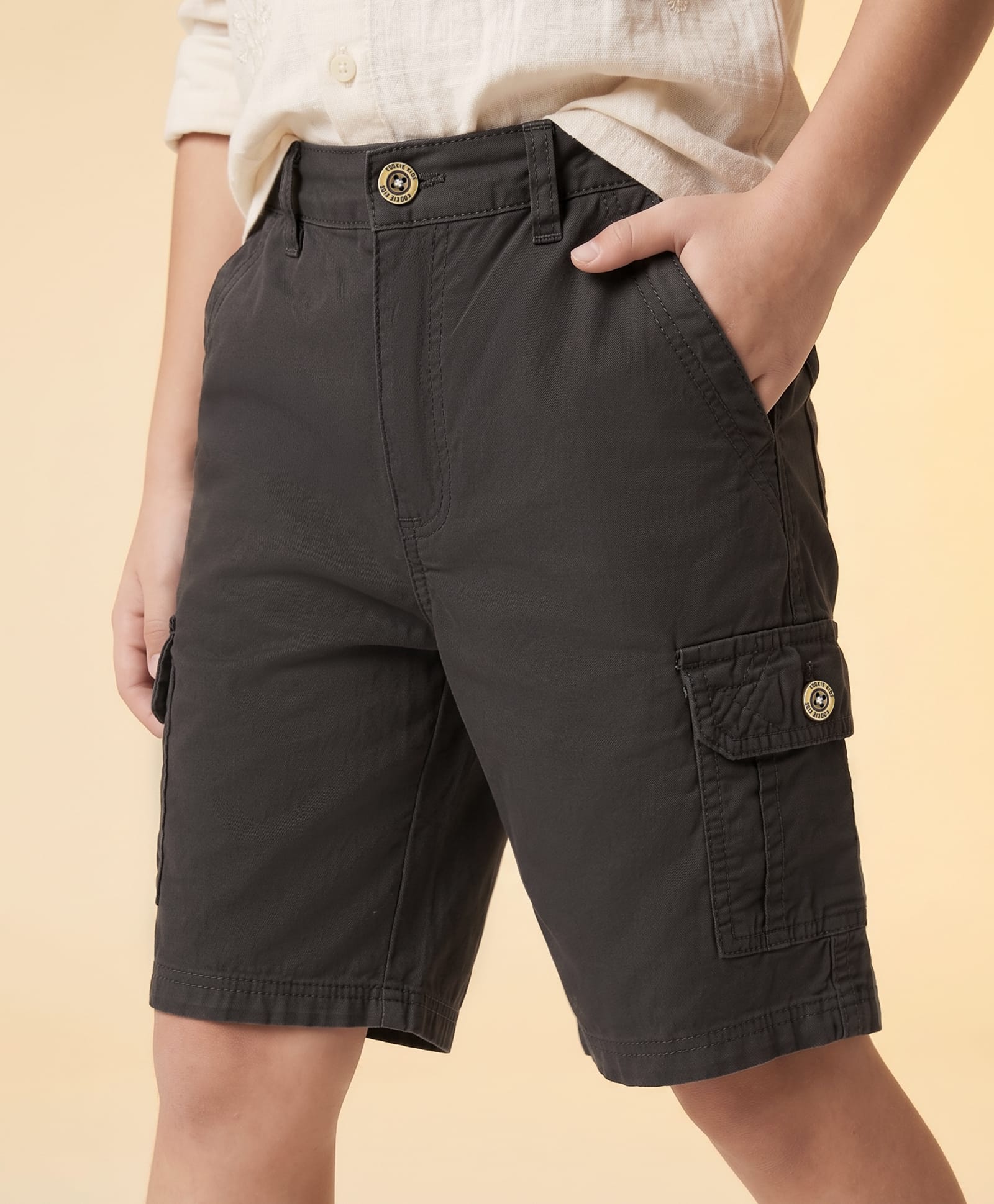 kookie kids india Kookie Kids Cotton Woven Knee Length Solid Color Shorts With Cargo Pockets - Charcoal Grey-picture-24