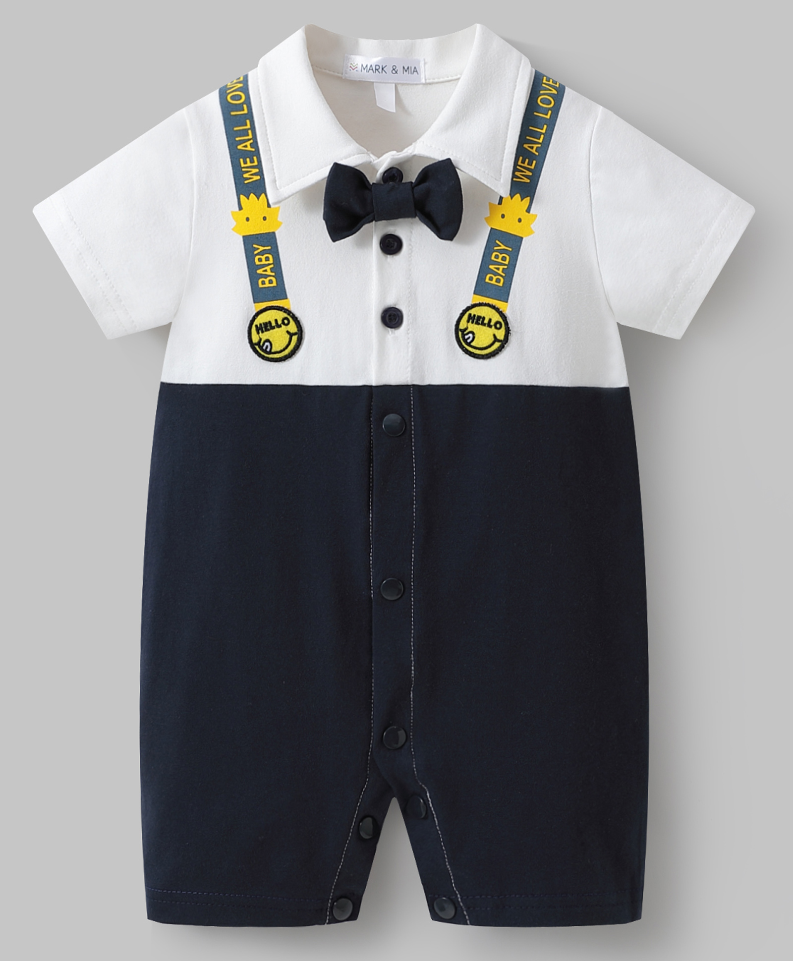 Mark & Mia Cotton Half Sleeves Romper with Bow Applique & Text Print - White Navy Blue-image-30
