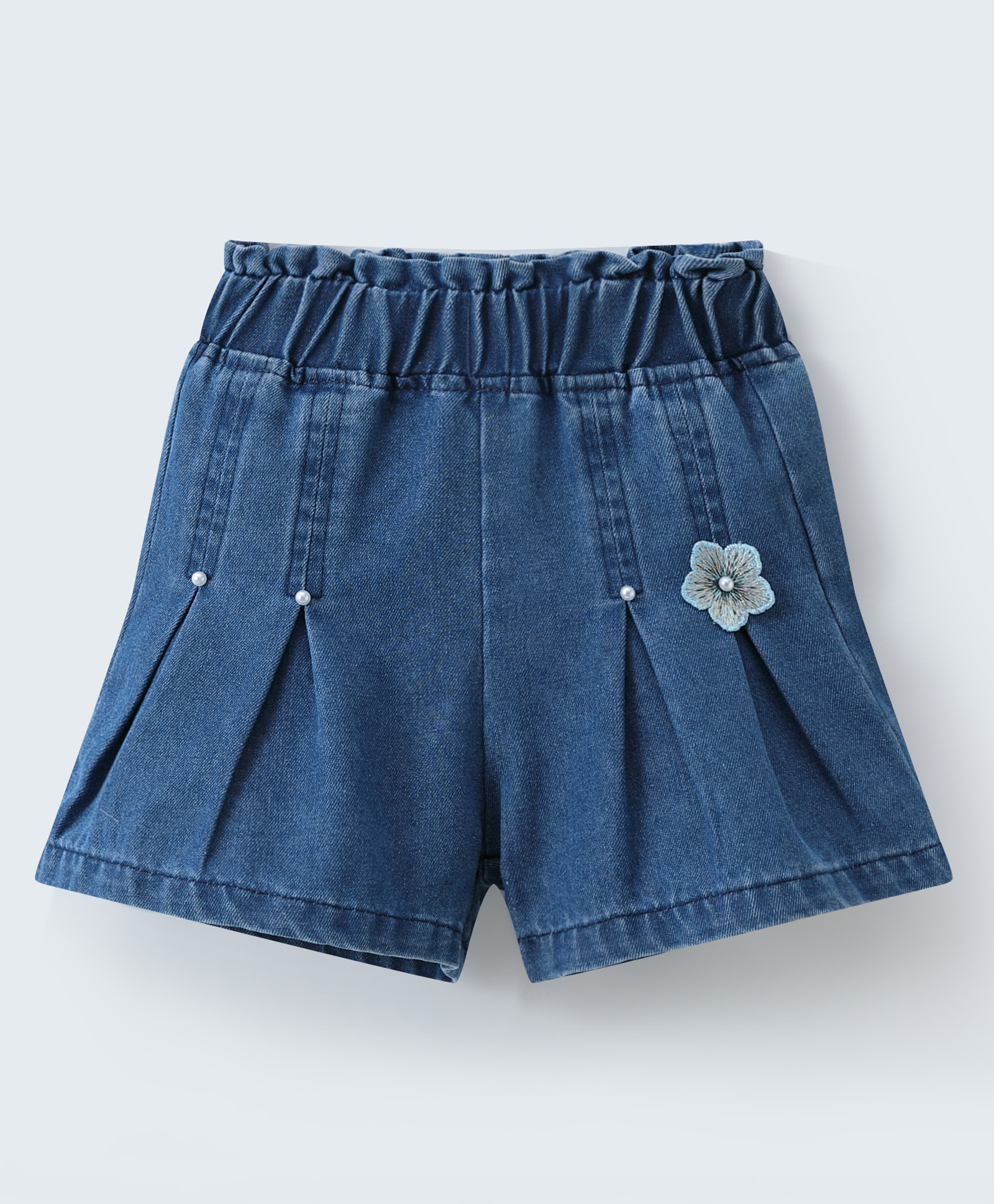 Mark & Mia Cotton Pleated Shorts with Floral Embroidery & Pearl Detailing - Blue-image-12
