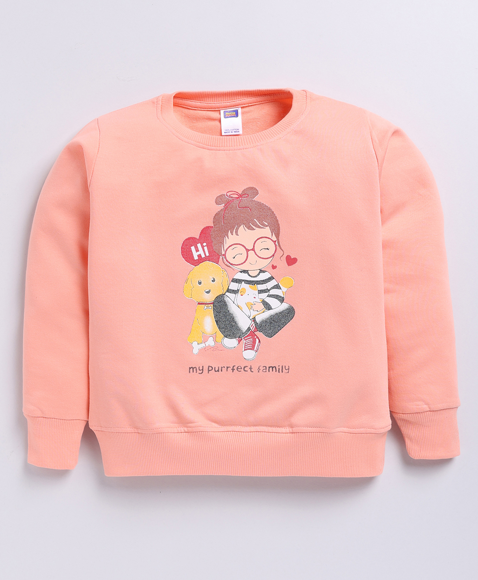 Nottie Planet Loopknit Cotton Full Sleeves Girl & Dog Printed Sweatshirt - Coral-image-2