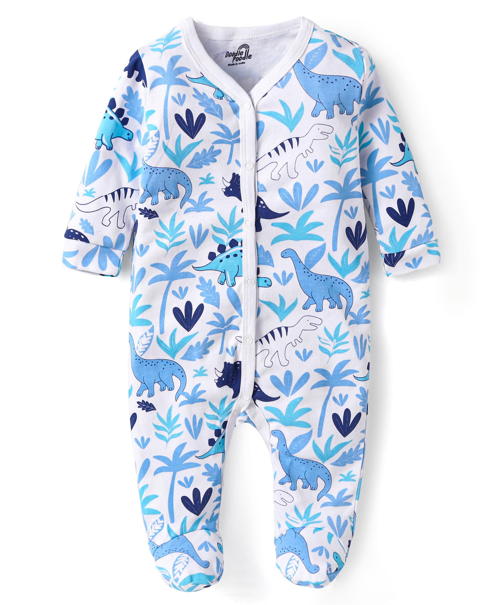 Doodle Poodle Cotton Knit Full Sleeves Footed Dino Printed Sleep Suit -White-picture-23