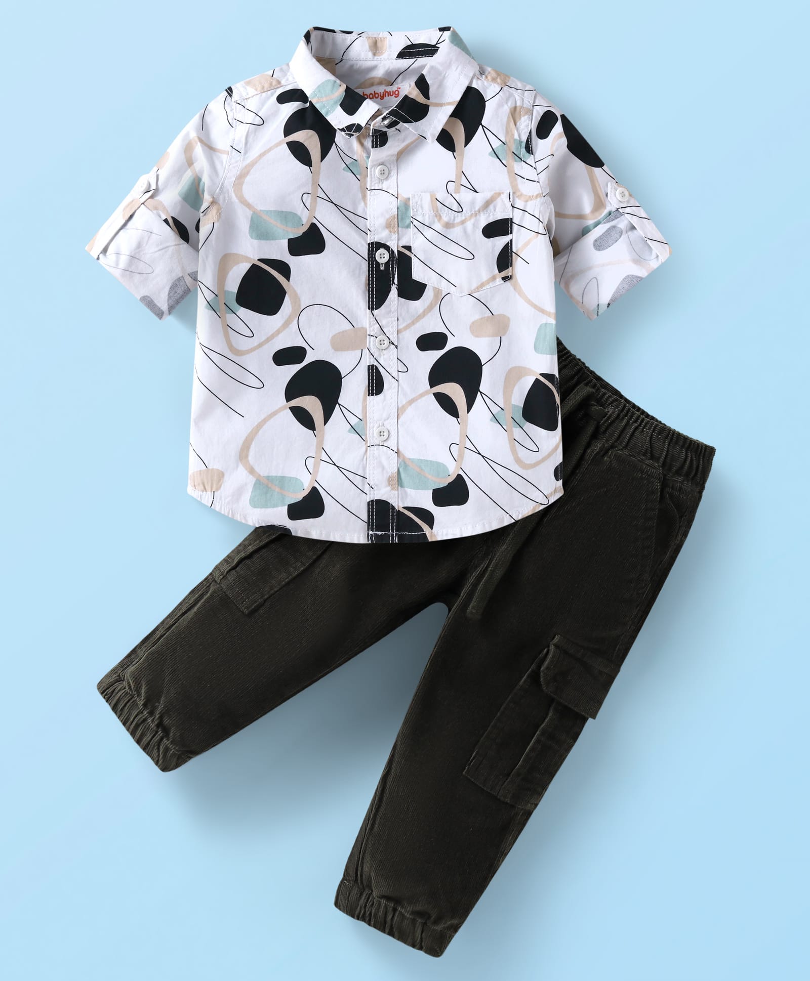 Babyhug Cotton Woven Full Sleeves Abstrack Print Shirt & Joggers Set - White & Black-image-12