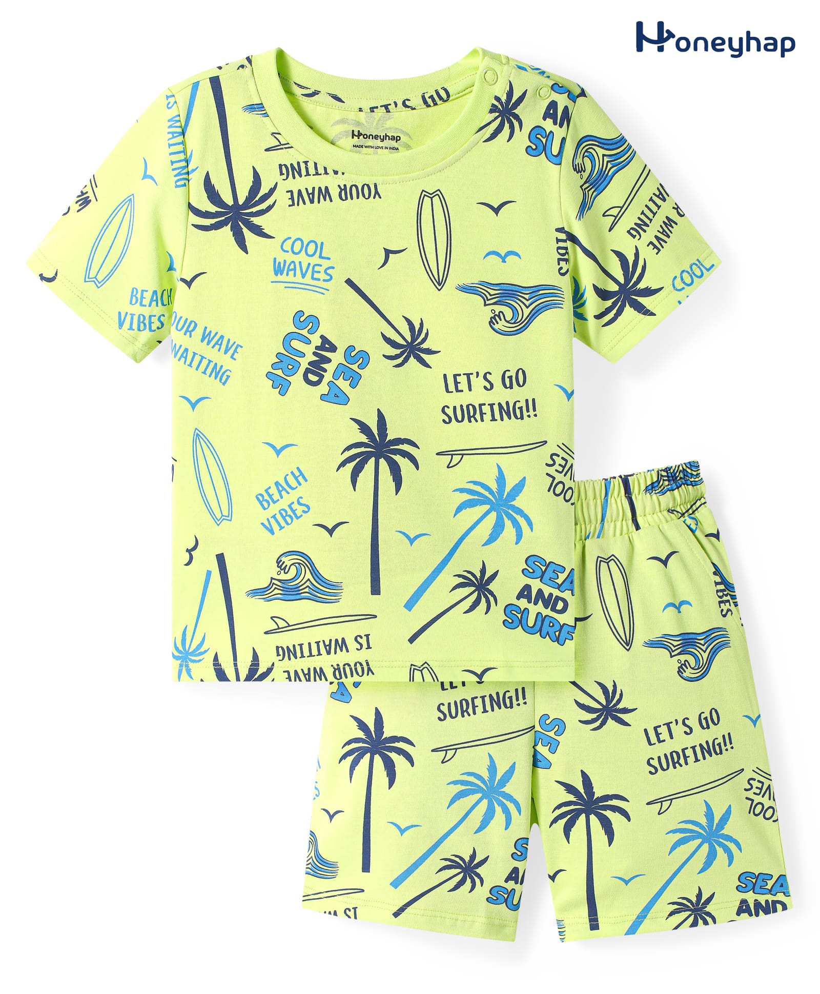 Honeyhap Premium 100%Cotton Knit Shorts Sets With Bio Finish Beach Theme Print - Sunny Lime-image-26