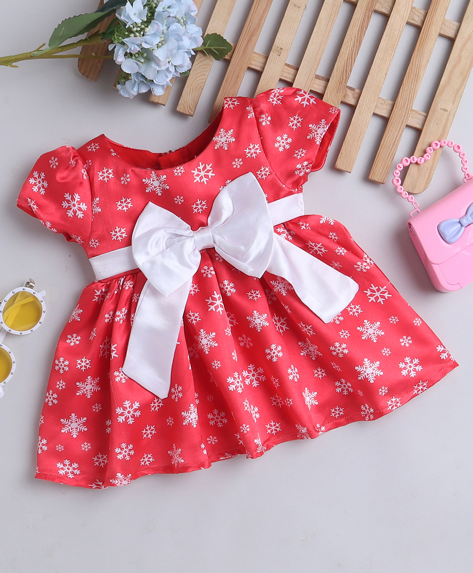 Many frocks & Christmas Theme Satin Cap Sleeves Snowflakes Printed & Bow Applique Detailed Dress - Red-image-44