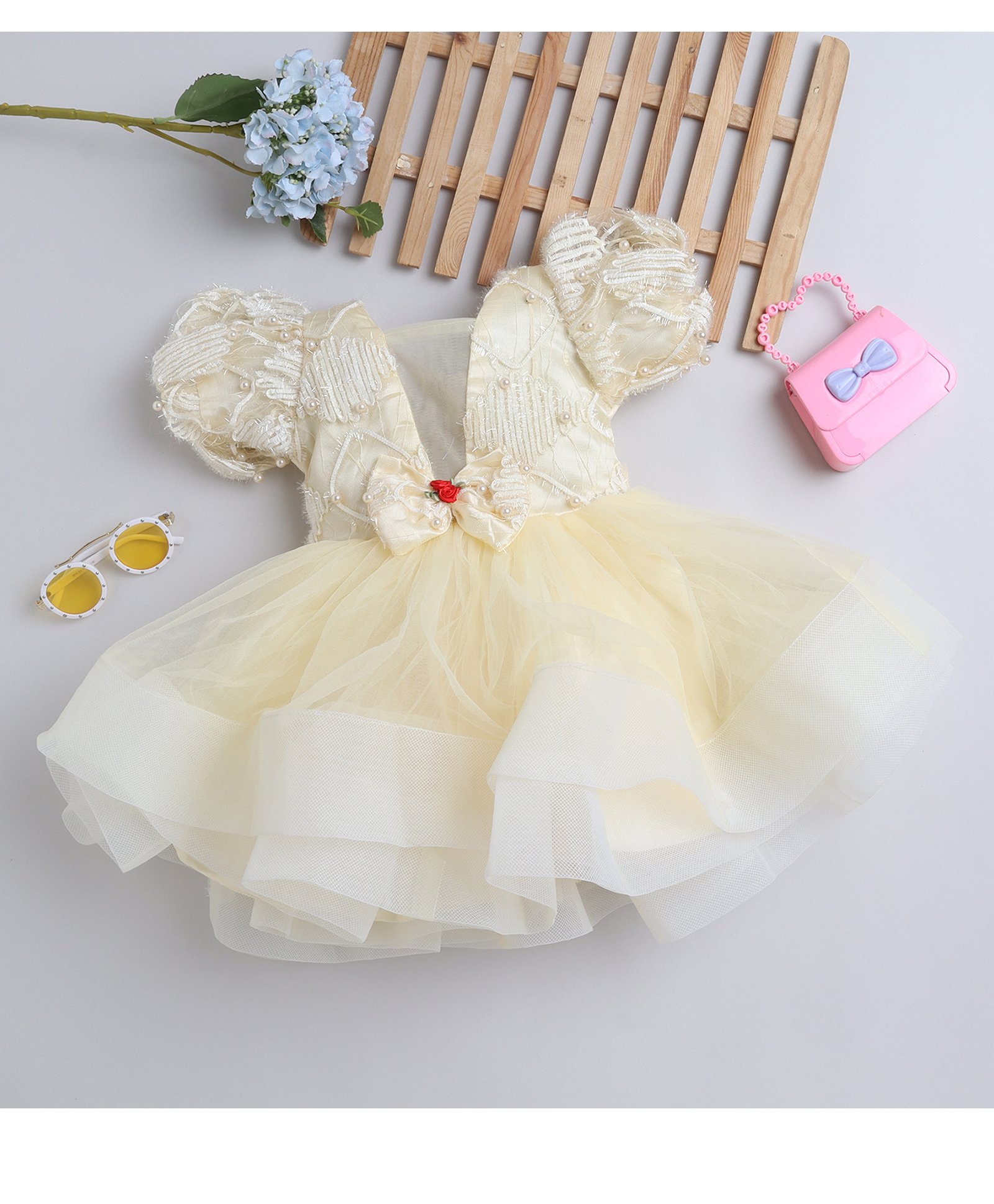 Many frocks & Net Half Puffed Sleeves Pearls Embellished & Bow Applique Detailed Dress - Cream-image-18