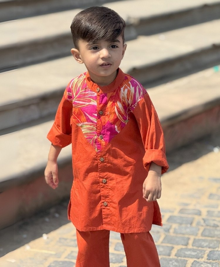 Peekaaboo Kids Pure Cotton Floral Printed & Colour Blocked Kurta Pant Set - Orange-image-4