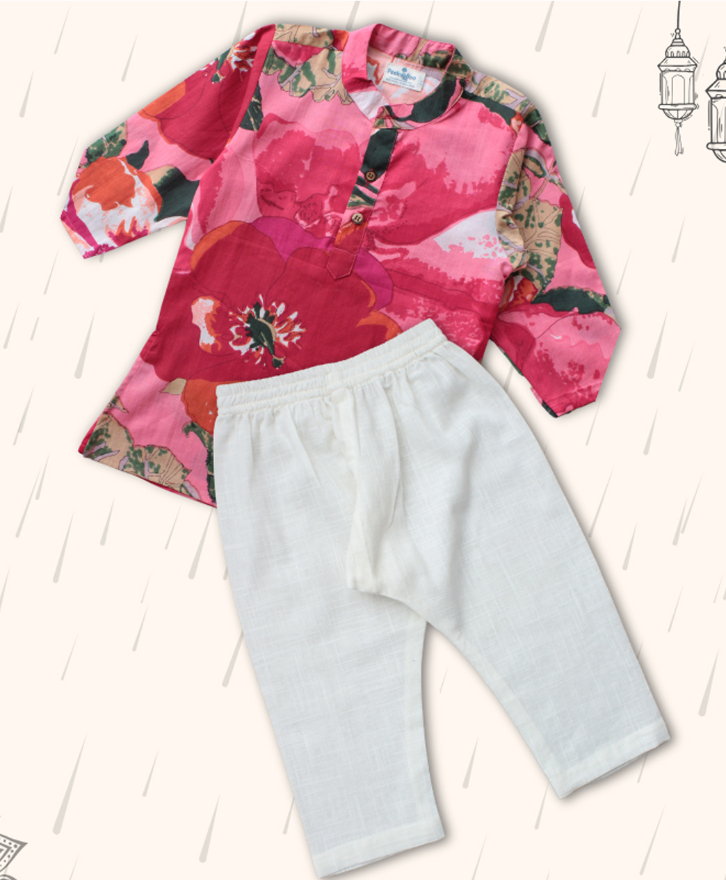 Peekaaboo Kids Pure Cotton Full Sleeves Floral Printed Kurta With Pyjama Set - Red Green & Pink-image-3
