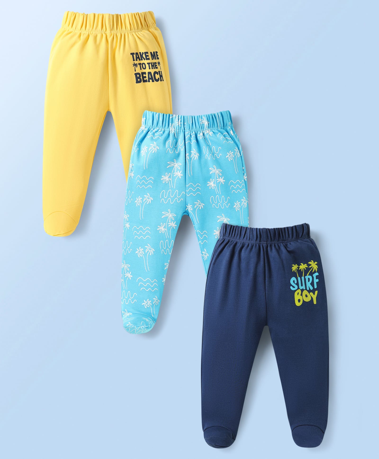 Doodle Poodle Cotton Knit Bootie Leggings with Surf Boy Text Print Pack Of 3 - Navy Blue & Yellow-image-26