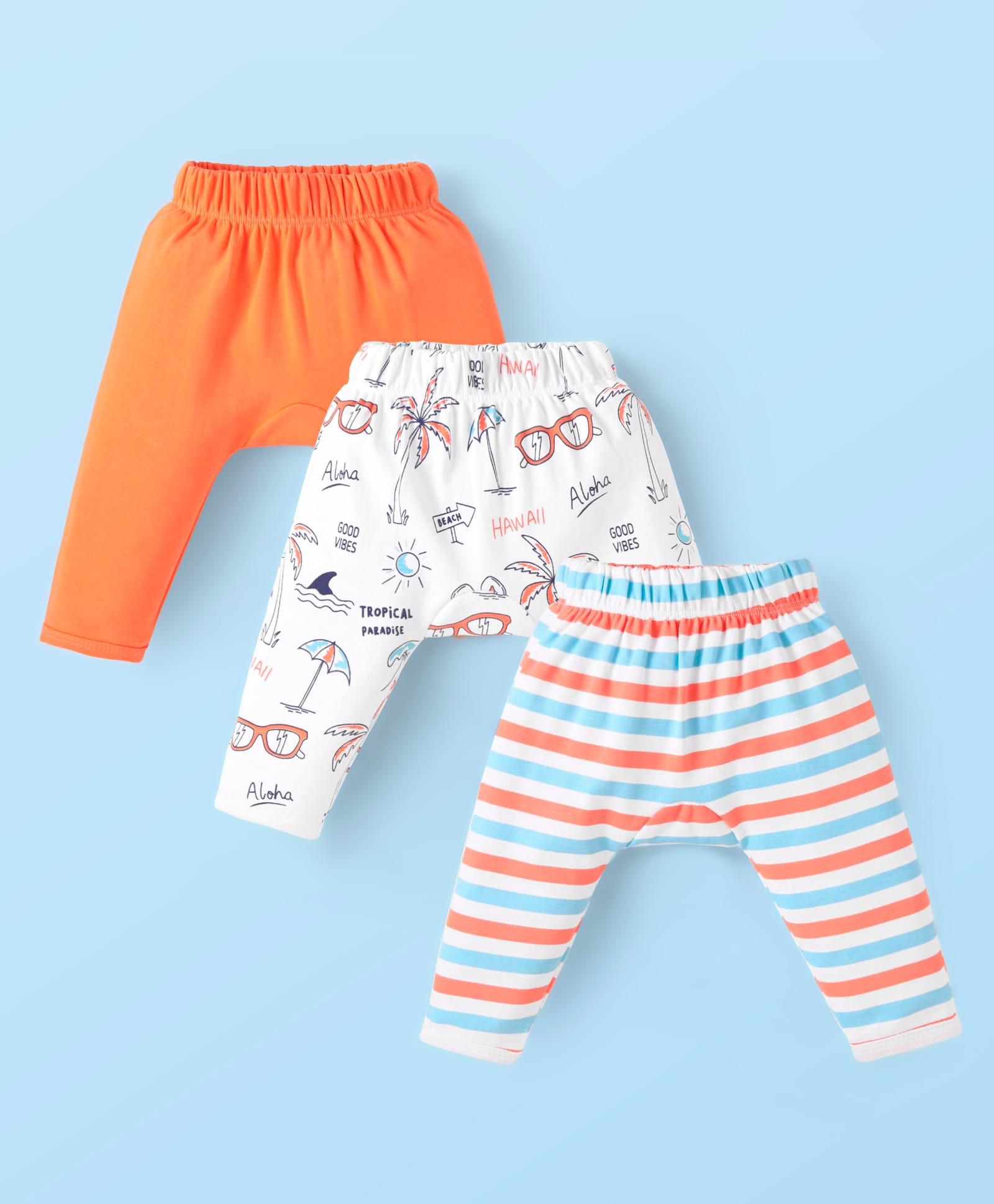 Doodle Poodle Interlock Knit Full Length Diaper Leggings with Stripes & Beach Theme Print Pack of 3 - White & Orange-picture-17