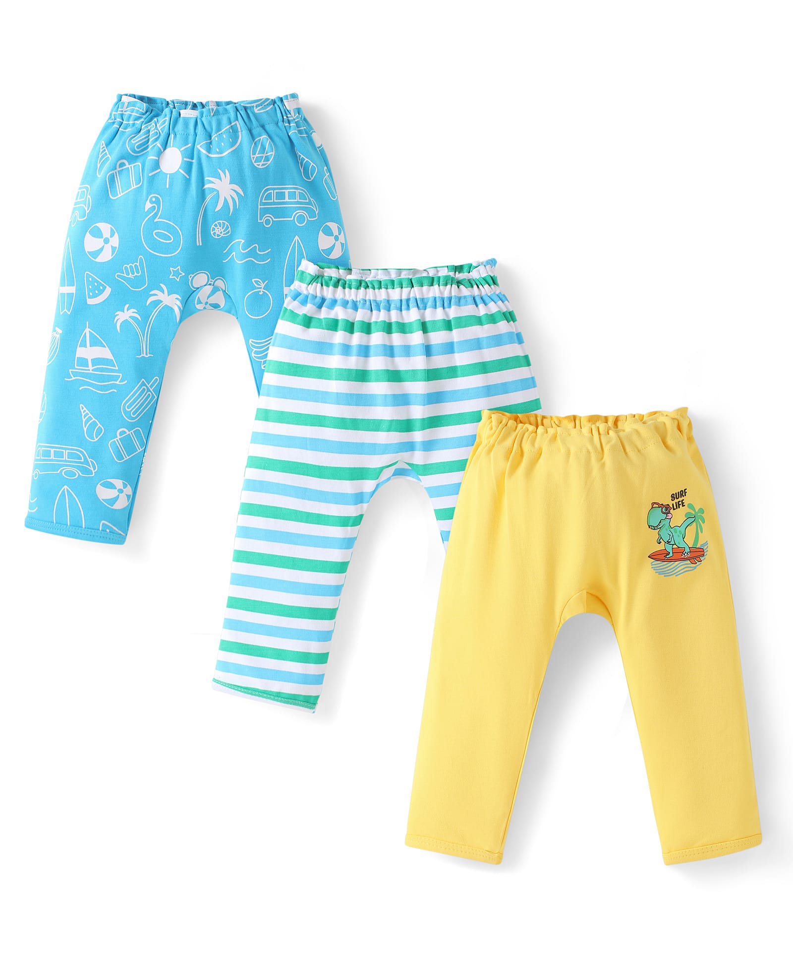 Doodle Poodle Interlock Knit Full Length Diaper Leggings With Stripes & Surfing Print Pack of 3 - Yellow White & Light Blue-picture-35